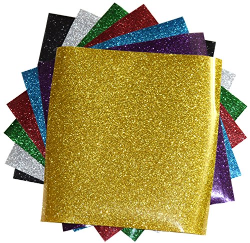 SpotDeals4u Glitter Heat Transfer Vinyl for T Shirts Garments Bags and Other Fabrics-7 Glitter Sheets 9.8" X 9.8" - Assorted Colors - Black,Silver,Red,Green,Gold,Purple and Aqua-Iron on Vinyl