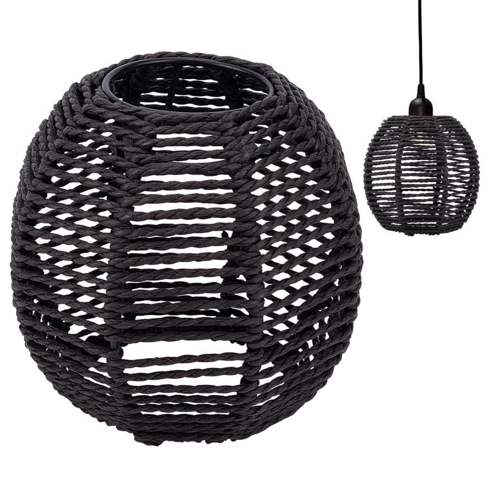 BENECREAT Small Boho Shades Replacement, Black Paper Cord Lampshade Woven Pendant Light Covers Retro Lampshade for Floor Lamp, Chandelier, Desk Lamp, Wall Sconces
