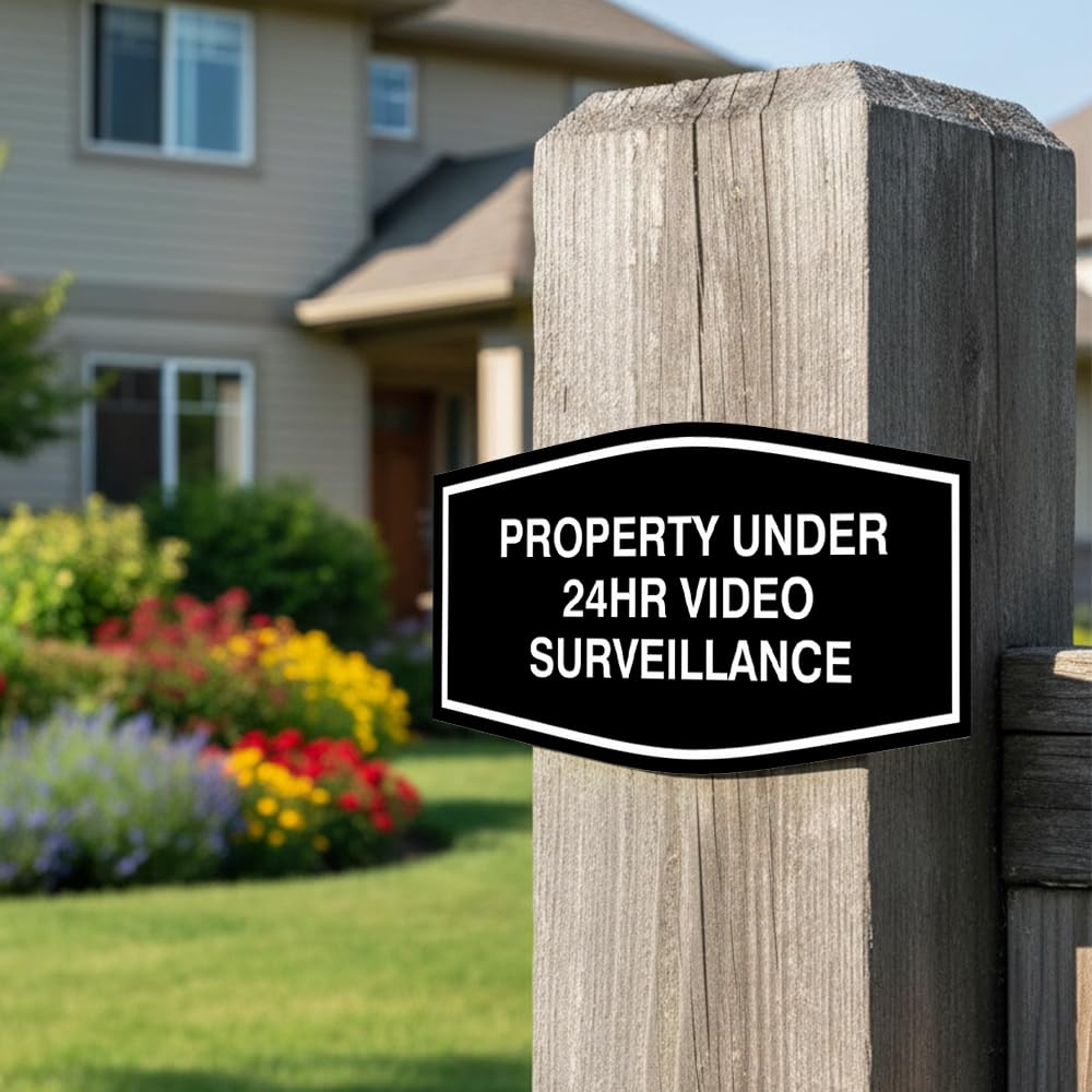 All Quality Fancy Property - Señal de videovigilancia bajo 24 horas | Señal de seguridad de propiedad con fácil instalación | Monitoreo de seguridad 24/7 (negro/dorado) - Paquete grande de 1 unidad
