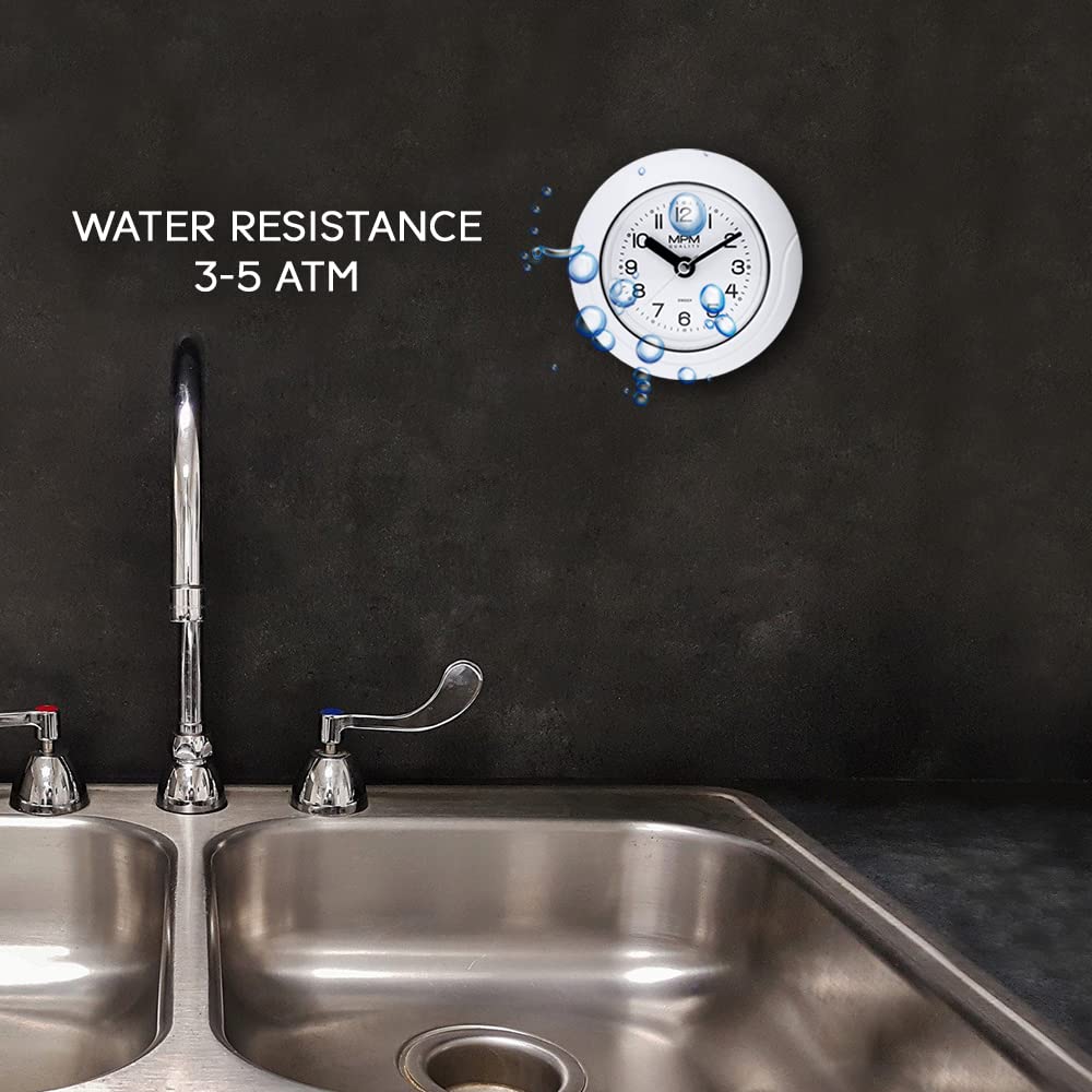 MPM Quality Design Badezimmer-Uhr aus Kunstoff, Quarz-Uhrwerk Sweep, 3-5 ATM Wasserdicht, Weiß, Ø 135 mm, geeignet auch für Außenbereich und als Badezimmeruhr, Pooluhr, Küchenuhr