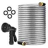 25FT Garden Hose, Stainless Steel Water Hose Solid Fittings,No-Kink, Metal Garden Hoses,Anti-Rust Heavy Duty Water Hoses for Yard,Car Wash Outdoor Lawn Watering Plants