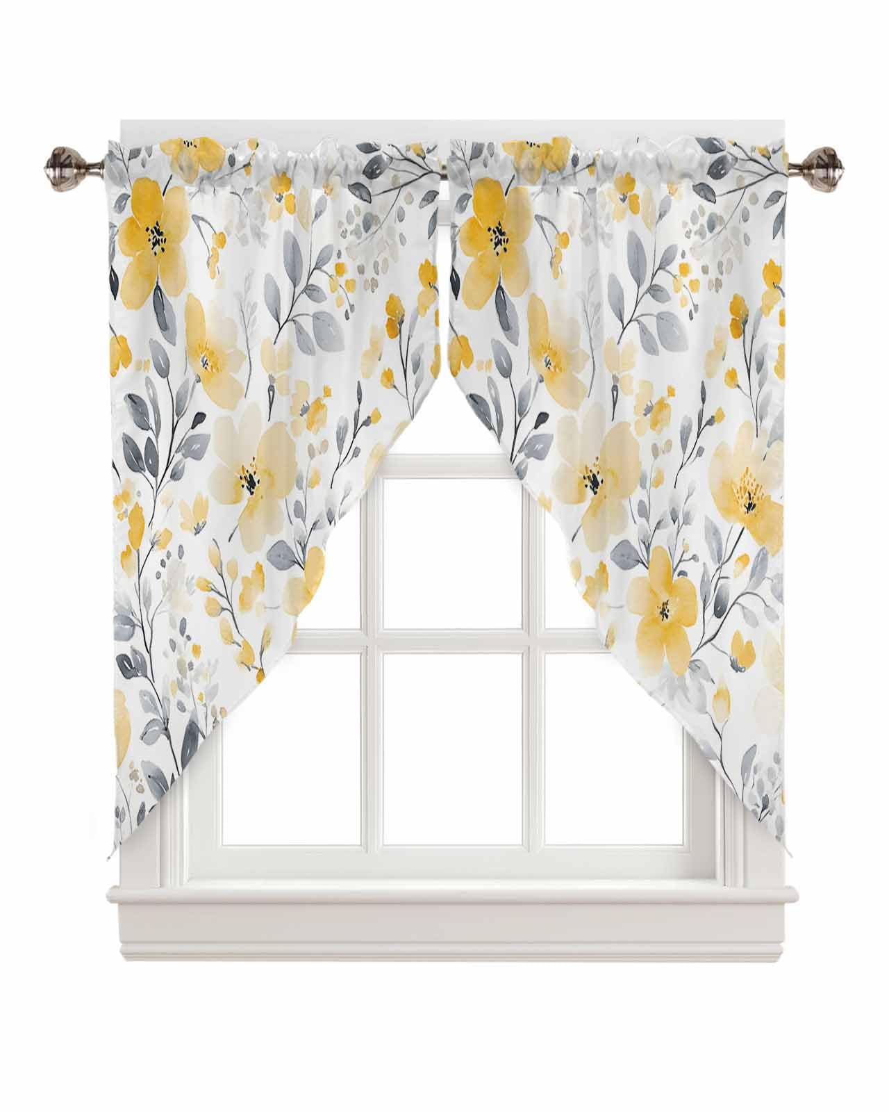 Epetloutys Yellow Floral Spring Swag Curtain Valances for Windows, Pastoral Gray Botanical Summer Swag Kitchen Curtains for Living Room/Bedroom, Tiers