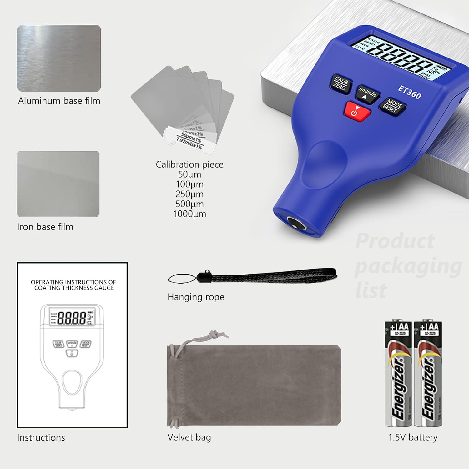 Contents of the GOLDCHAMP ET360 Digital Coating Thickness Gauge package