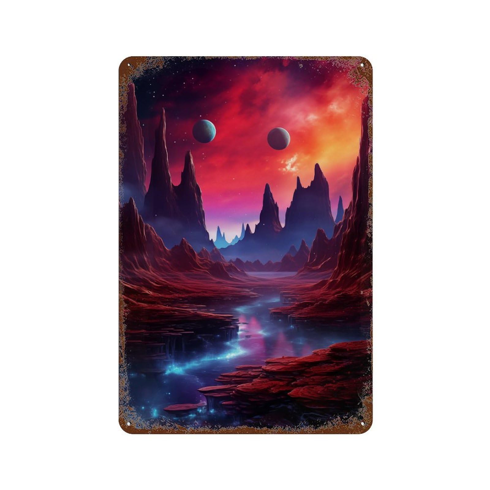 Alien Landscape with River Distressed Metal Wall Sign 11.8"x7.9", Ideal for Patio, Garden Room And Bar Decor