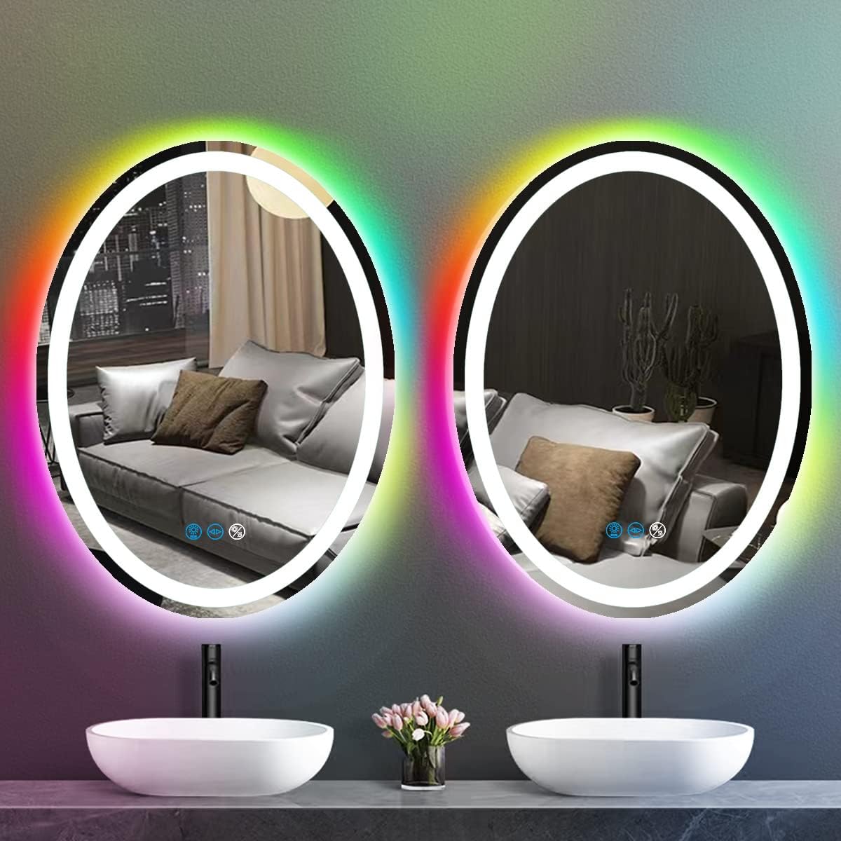 30 x 20 Inch Oval RGB LED Bathroom Mirror with Lights Memory Adjustable 3 Color FrontLit + RGB Rainbow Color Changing Backlit Lighted Vanity Oval Mirror for Bathroom Bedroom Wall Mount Anti-fog