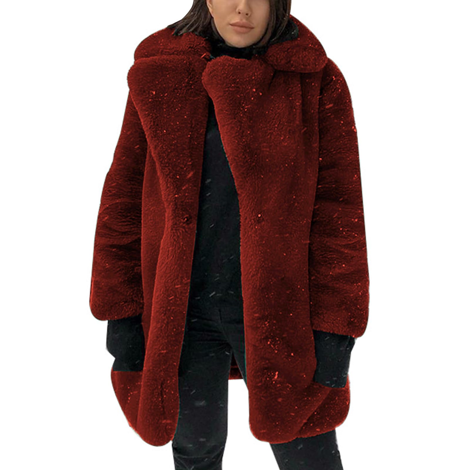 Manteau en fausse fourrure pour femme - Veste polaire pelucheuse d'hiver chaude à revers - Cardigan habillé ouvert sur le devant - Coupe-vent - Manteau d'extérieur en peluche épaisse - Trench