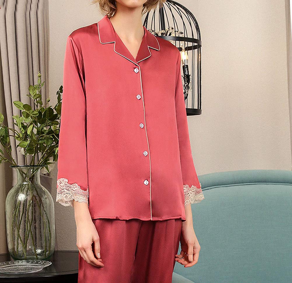 E-girl T8183 - Pigiama da donna in seta, con pizzo, 100% seta, a maniche lunghe Colore: rosso 48