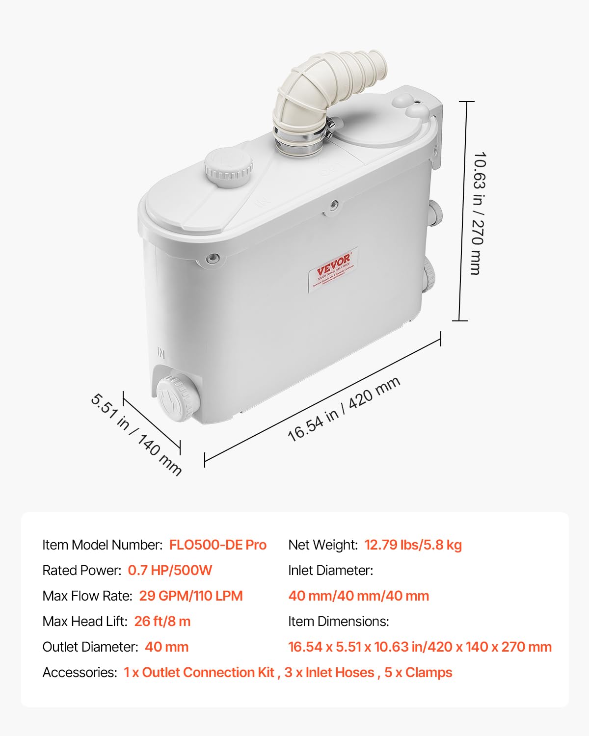 VEVOR Hebeanlage, 500 W, 110 L/min Durchfluss, 8 m Förderhöhe, Schmutzwasserpumpe mit 4 Wassereinlässen, Abwasserhebeanlage für Küche, Keller, Dusche, Waschbecken, Waschküche, Badewanne
