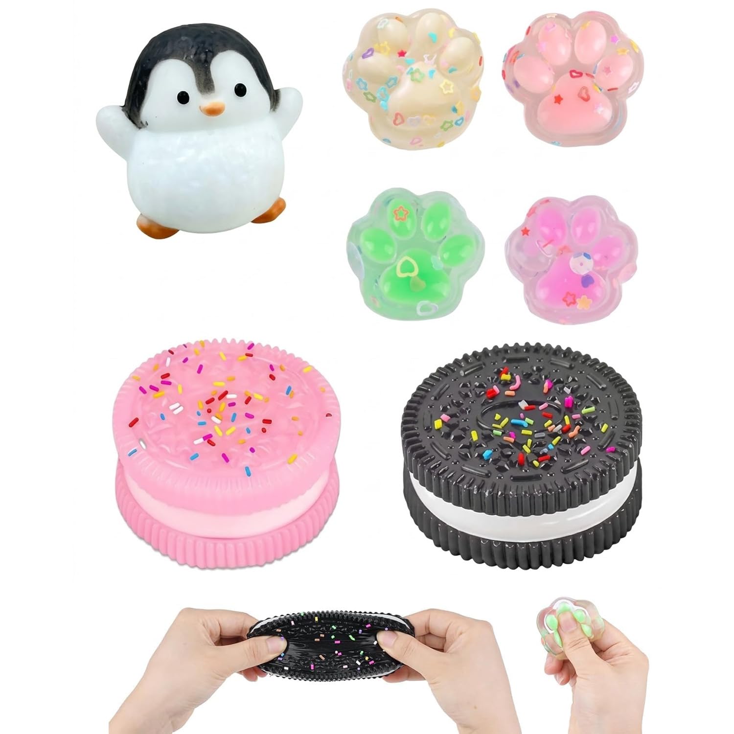 7PCS Taba Squishy Set Cat Paw Penguin Biscuit Fruit Squishes, Soft Mochi Squishy Fidget Set for Stress Relief, Fufu Squishy Squeeze Desk Accessories, Cat Squishy Novelty Gift