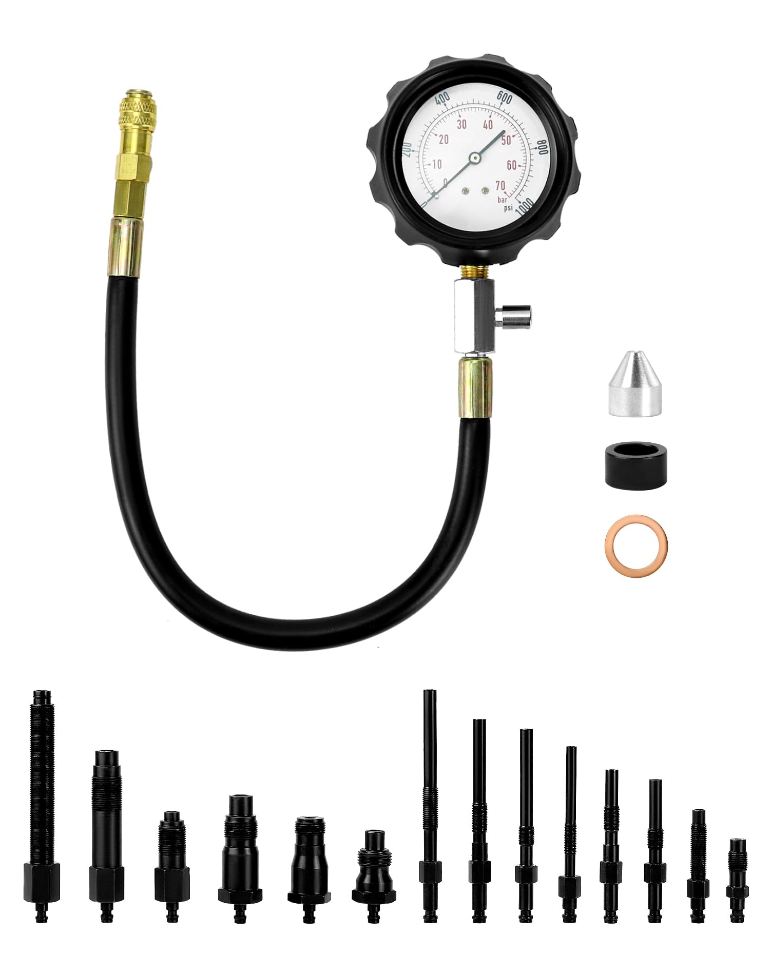 QWORK® Juego de Comprobador de compresión de motor diésel, Medidor de compresor de motor automotriz 0-70 bar