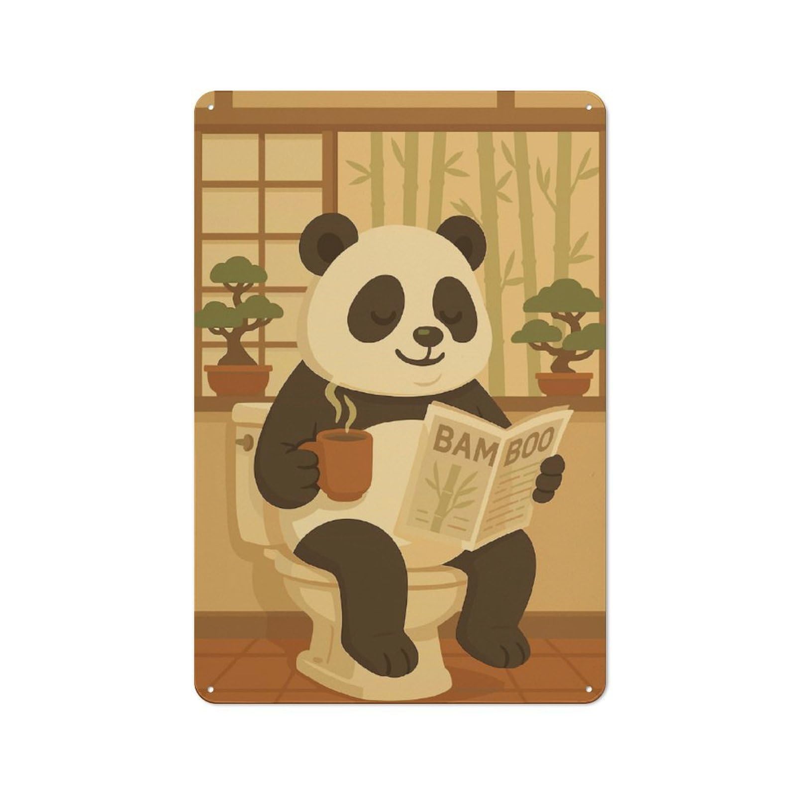 Junmoney Panda On Toilet Reading Newspaper Vintage Metal Plaque 30X20cm, Bistro Wall Plaque For Coffee Bar, Kitchen, Bistro Or Tea Corner