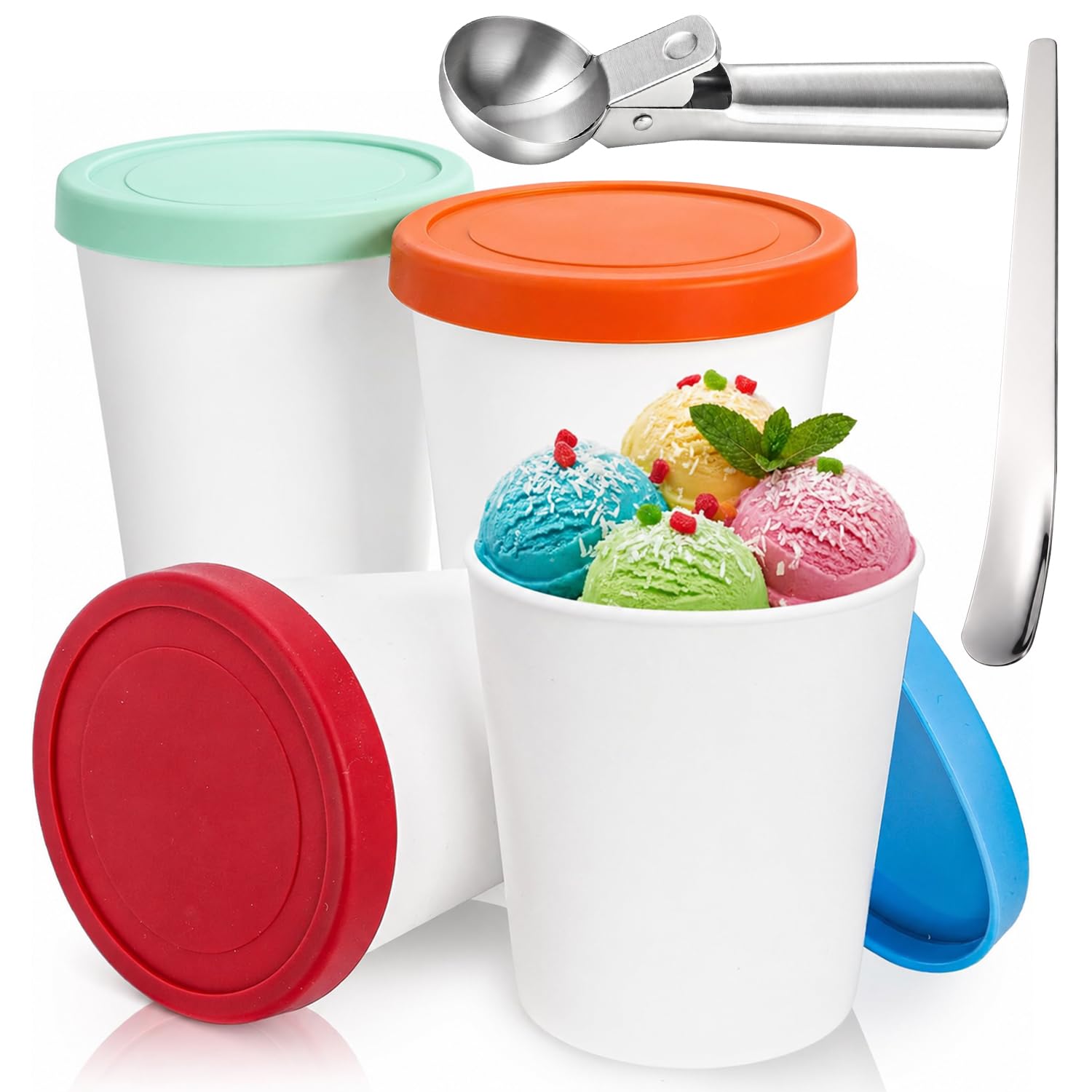 puresoak bath Ice Cream Containers For Homemade Ice Cream, Reusable PP Plastic Ice Cream Storage Containers For Freezer, 4 Pack 1 Quart Each With Silicone Lids For Yogurt, Sorbet, Gelato