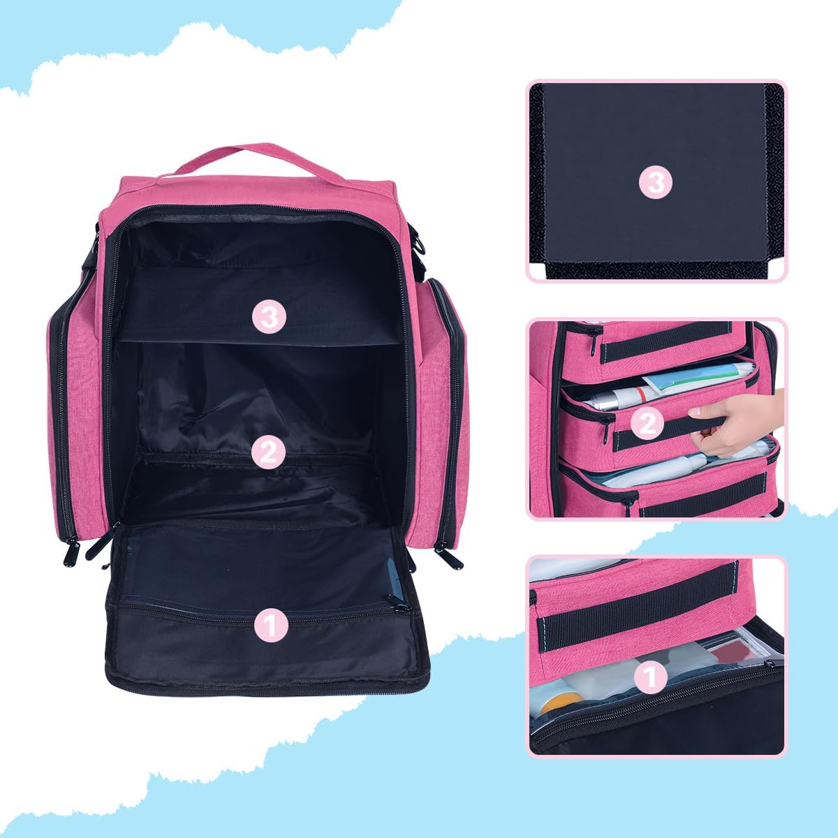 Train Case Makeup Bag Large Cosmetic Organizer with 3 Inner Removable Pouches Multifunctional Travel Makeup Artist Storage,Rose Red