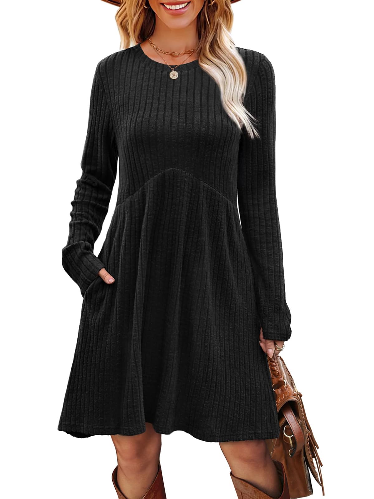 LIAMERHE Damen Elegant Kleid Langarm Rundhals Casual Strickkleid A-Linie Herbstkleid Vertikale Streifen Pulloverkleid Freizeitkleider Winter Kleid Partykleid mit Taschen