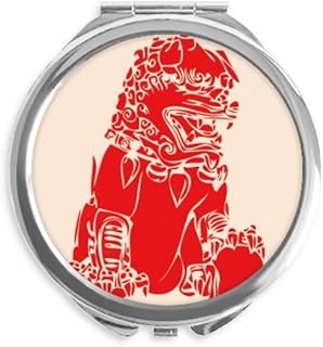 China Red Lion Paper Cut Patriotism Hand Compact Mirror Round Portable Pocket Glass