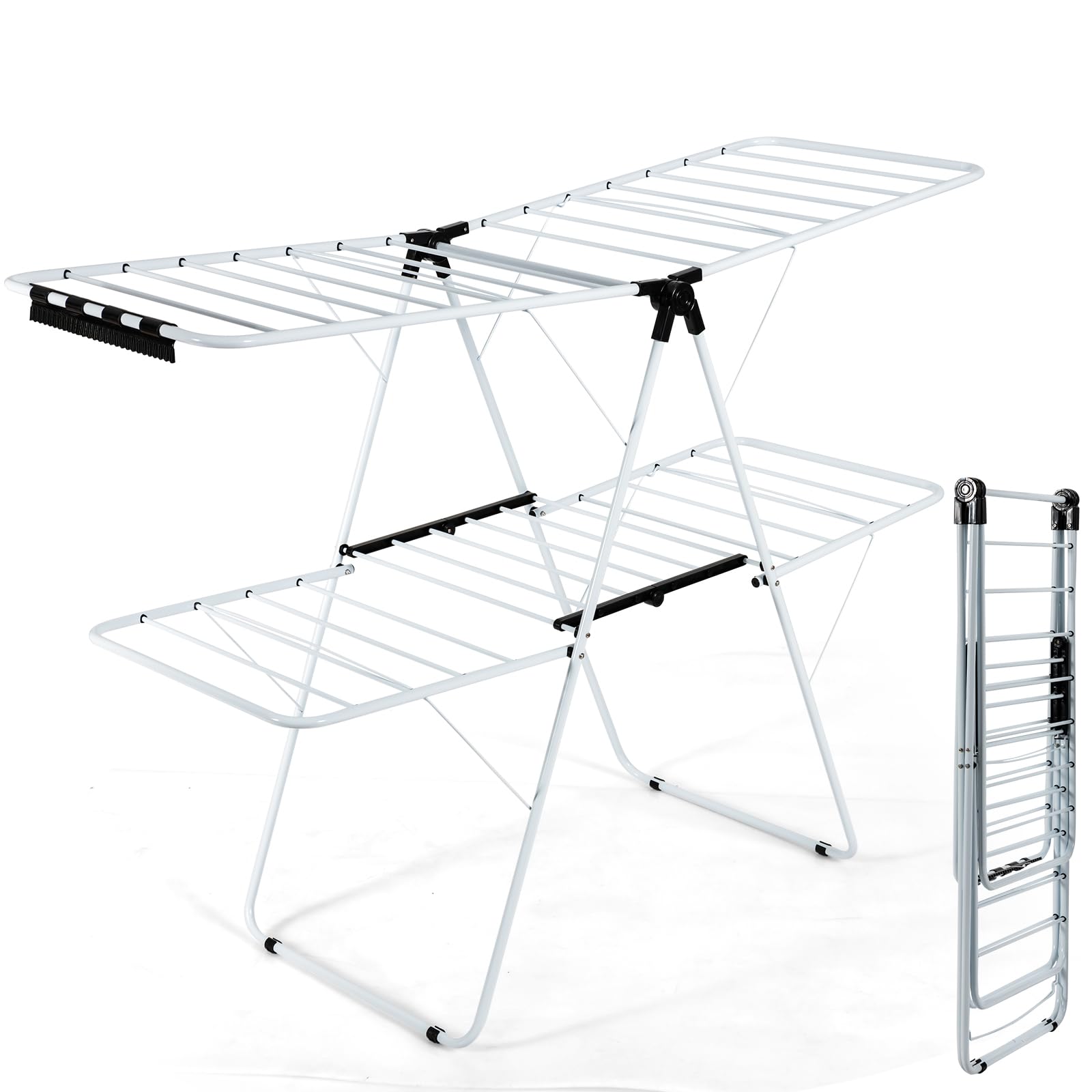 GIANTEX Étendoir Linge Intérieur, Tancarville 2 Niveaux avec Pinces Papillon Réglables, Séchoir à Linge Pliable Déjà Assemblé, Étendoir Linge Extérieur pour Draps & Vêtements, Blanc