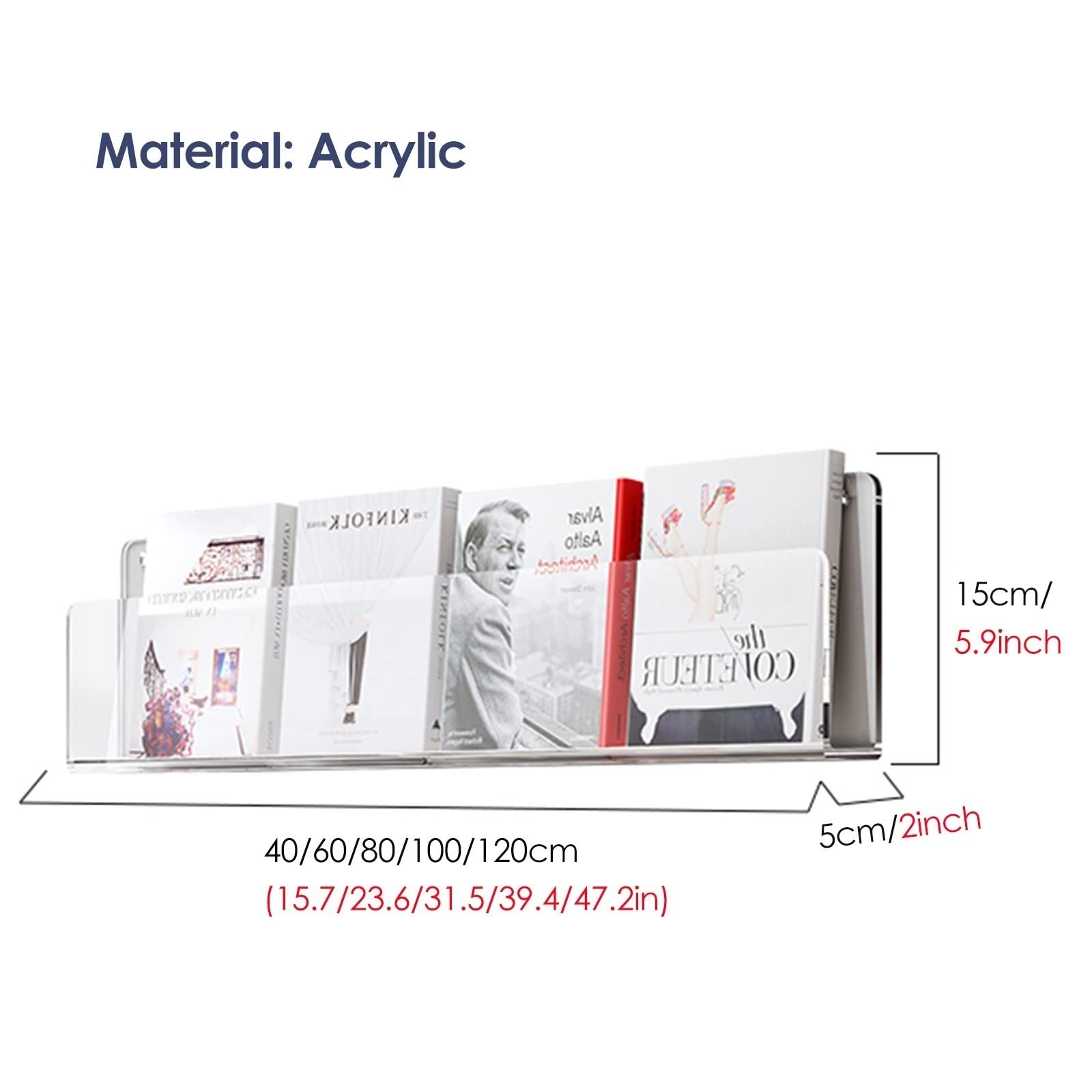 Portariviste in acrilico, supporto per brochure, da parete, per cataloghi, librerie, librerie, espositori per centri commerciali fanghi, lunghezza 40 cm