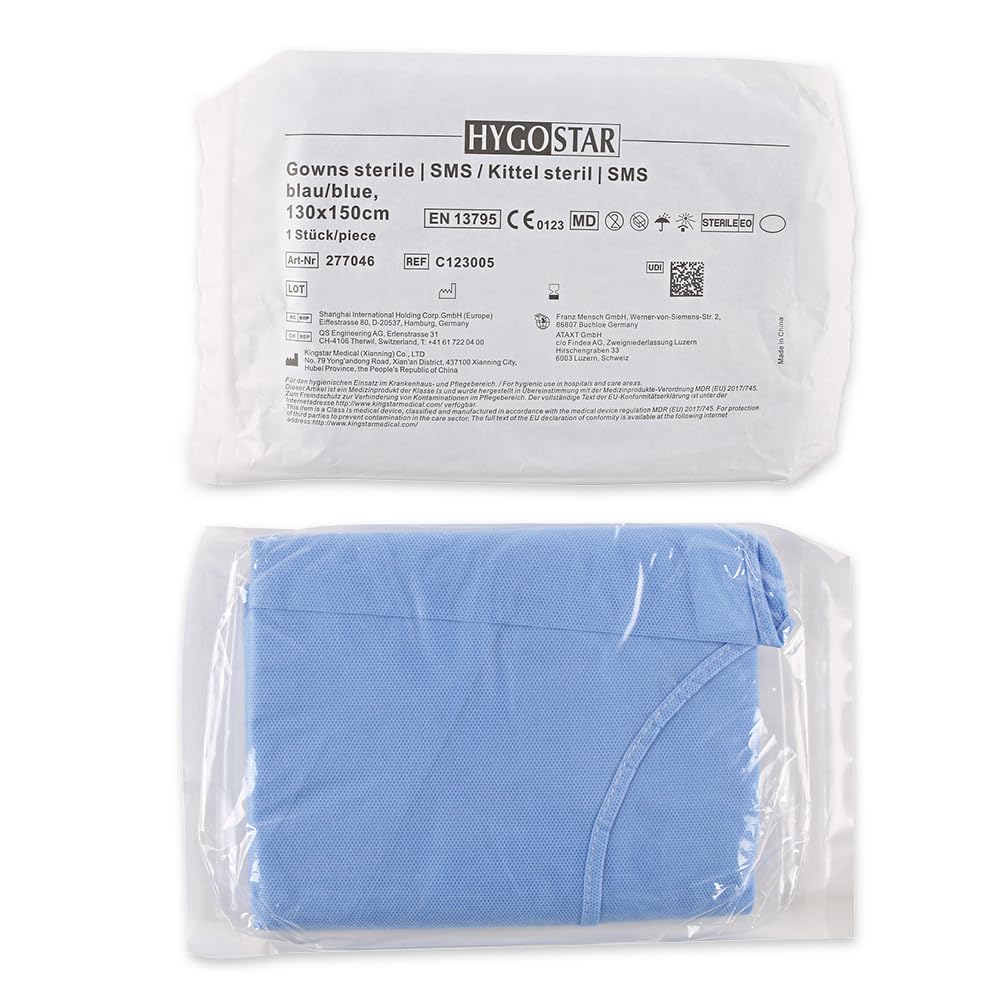 FRANZ MENSCH 50 Stück Kittel steril | SMS, Box, blue, XL, L: 130cm, Umfang: 155cm, Infektionsschutzkittel, OP-Schutzkittel, Einwegkittel