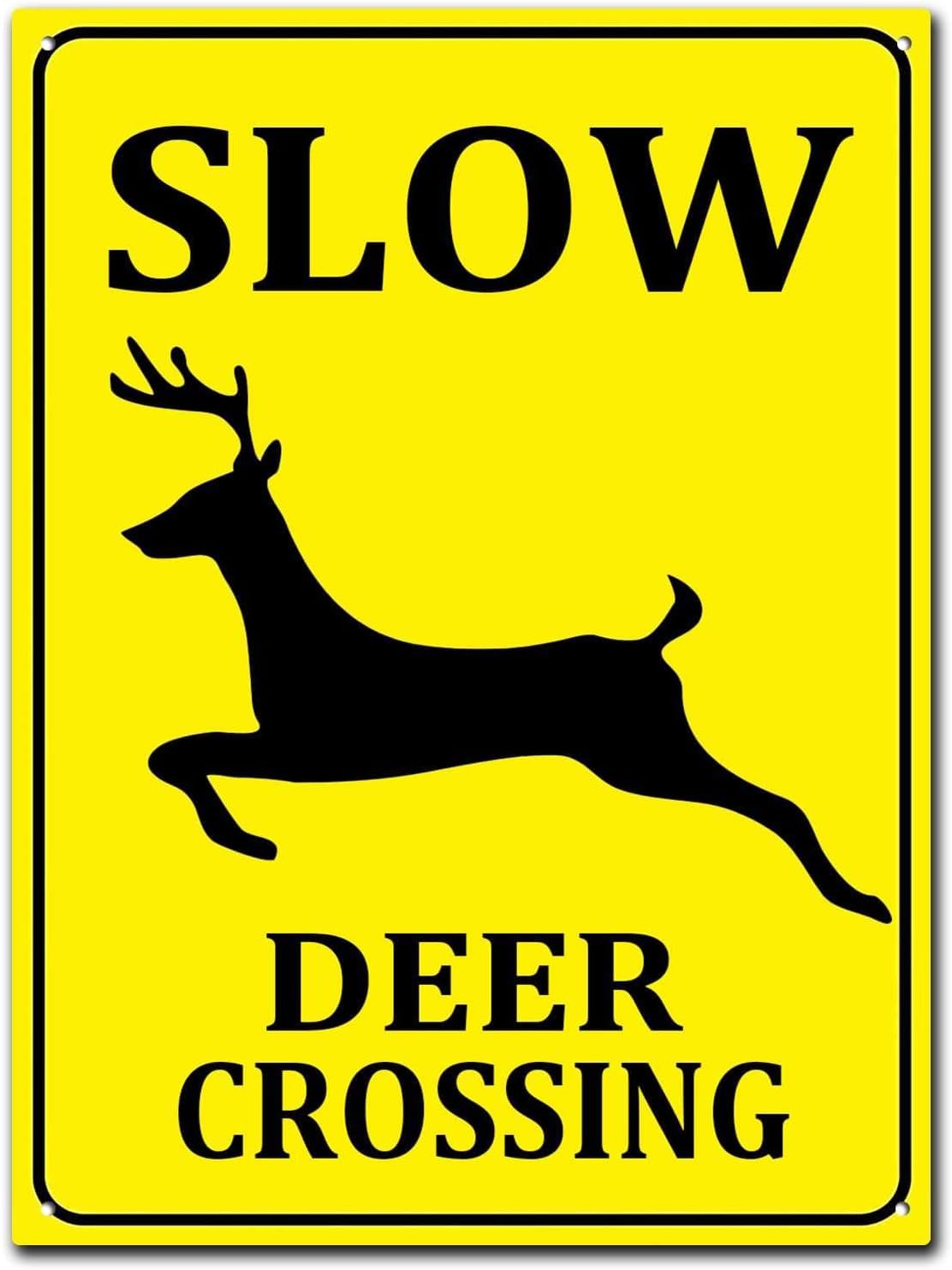 Retro Metal Tin Sign Slow Deer Crossing Caution Sign Rustic Hunting Cabin Lodge Street Road Decor New Wall Art Vintage Bar Country Wall Decoration Metal Aluminum Sign 8x12 Inch