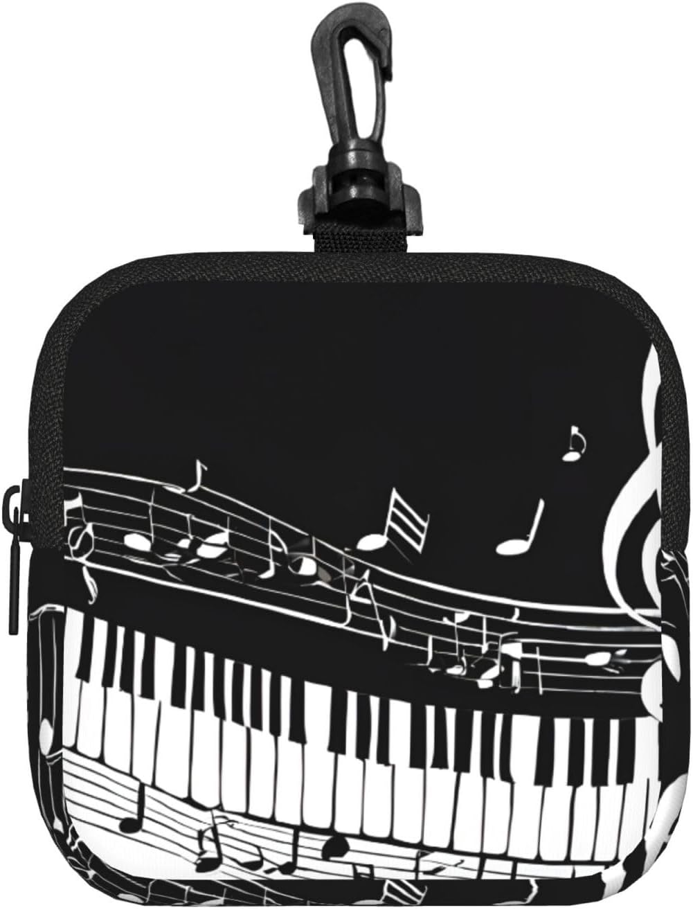 (Black White Music Note) Square Storage Bag Zipper Coin Purse with Clip