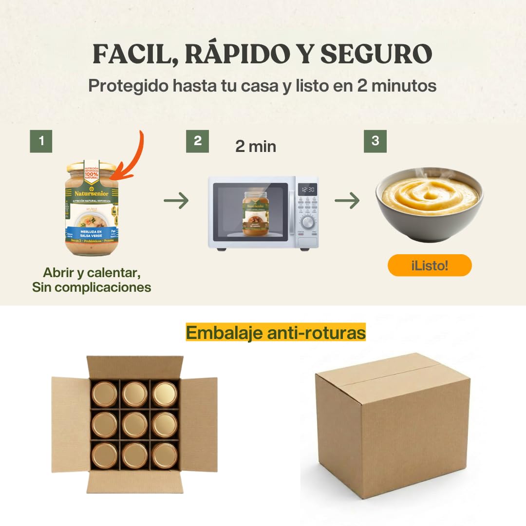 Natursenior - Comida Triturada para Personas Mayores - Pack Puré Merluza en Salsa Verde - 100% Natural, Omega 3, Fibra, Proteína - 6 uds x 340g