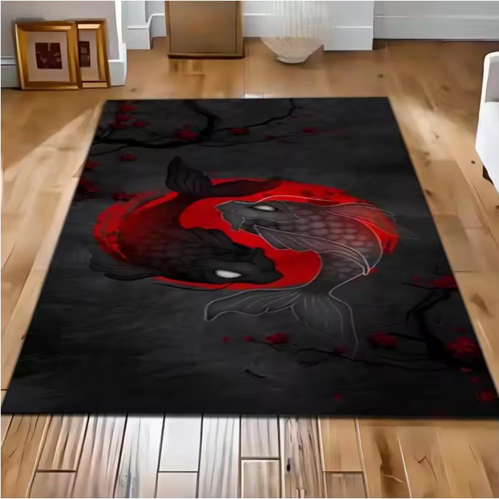 Tapis Koi Yin Yang japonais velours esthétique rouge rose salon 60x90