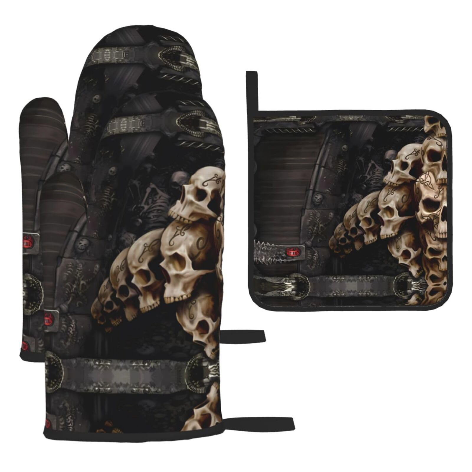 Skulls Printed Kitchen Oven Mitt Set 3-Piece Heat Resistant Gloves with Pot Holder Mat for Cooking Baking BBQ