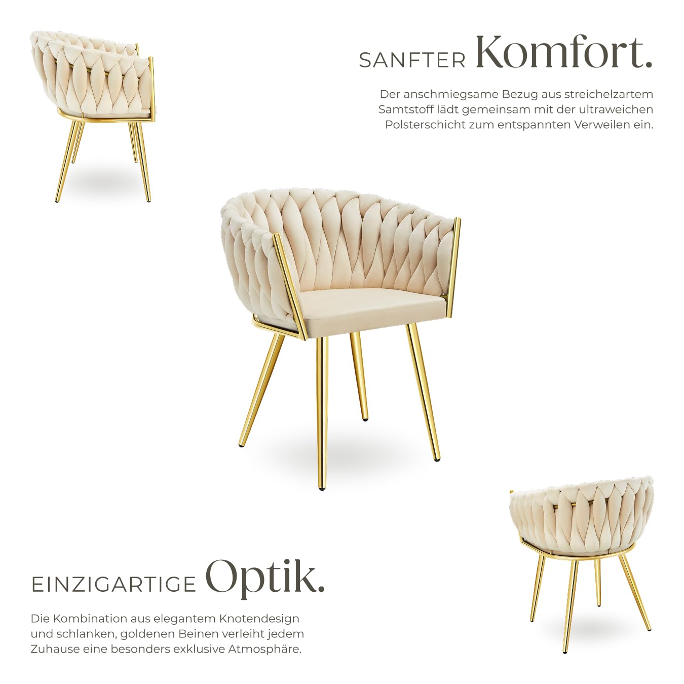 tectake® Samt Stuhl, Schalenstuhl mit Armlehne in Knoten Optik, Esszimmerstühle, Sessel modern für Wohnzimmer, Esszimmer, als Küchenstühle, für Schminktisch, Dining Chair Set - Sand/Gold, 2er Set