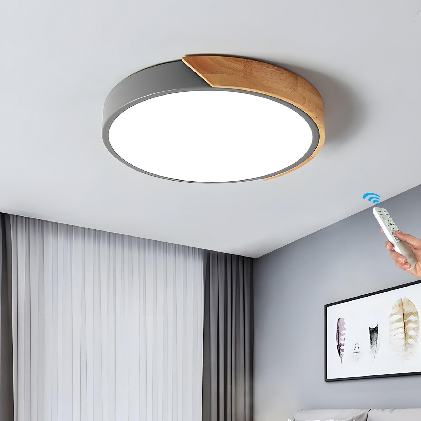 Okrągła lampa sufitowa LED, ściemnialna lampa drewniana, nowoczesna drewniana lampa sufitowa do sypialni, lampa kuchenna, lampa sufitowa do salonu, kuchni, sypialni (szary, 30 cm)