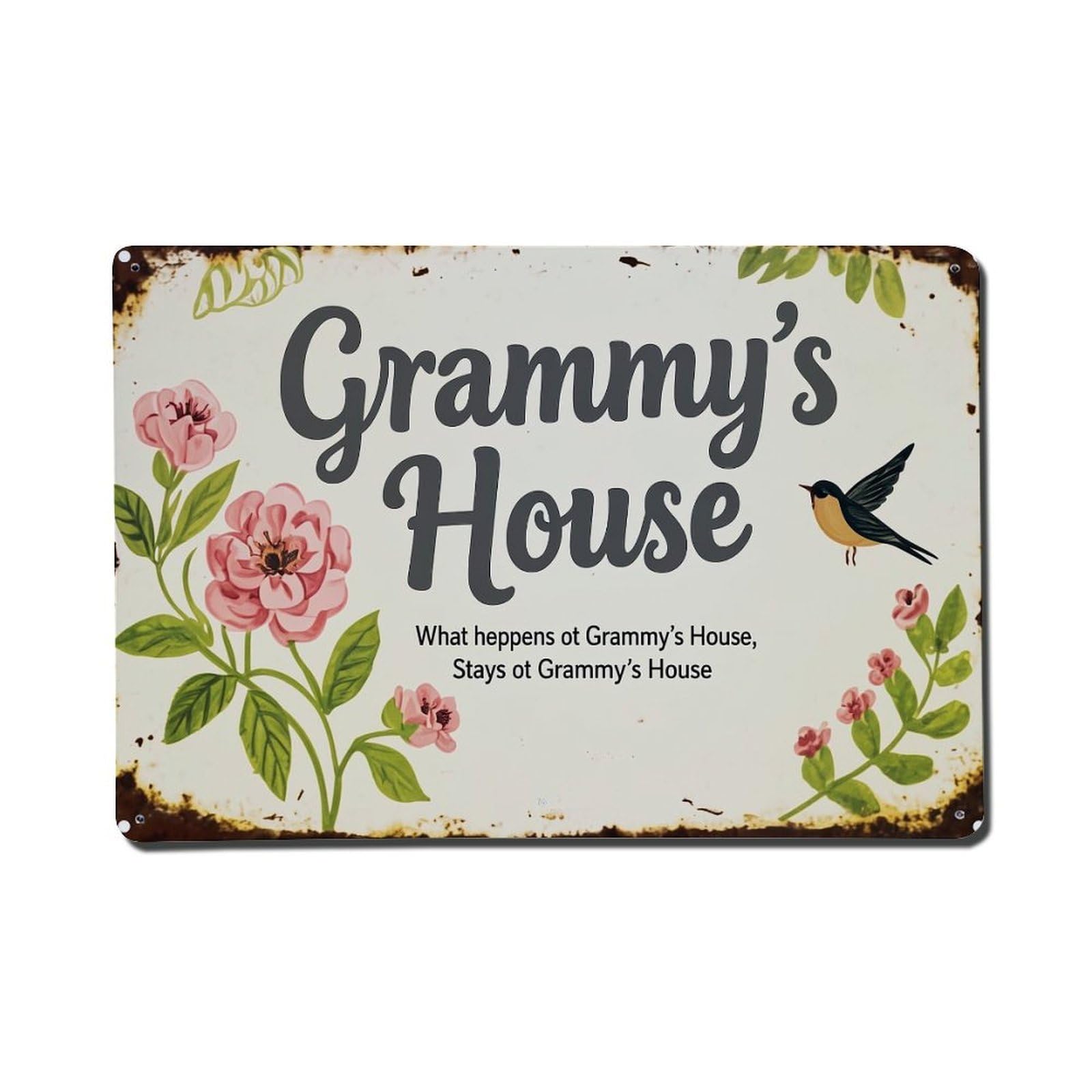 Jdfenggu Vintage Grammys House Floral Bird Sign_1 Retro Metal Tin Sign, Metal Poster For Bar, Home, Man Cave, Kitchen, Laundry Room Art Decor 8X12 Inch
