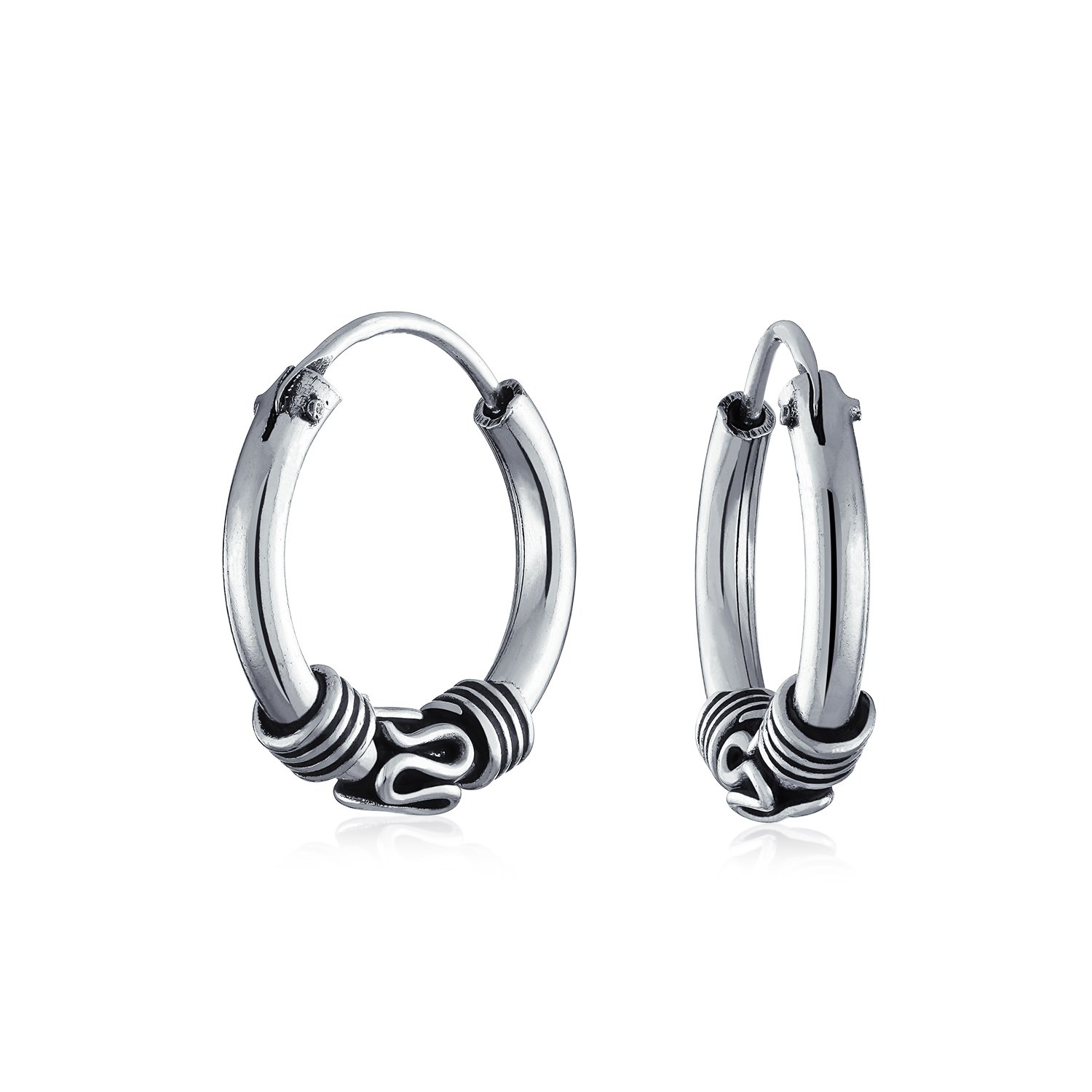 Bali Tribal Swirl Continuous Endless Round Hoop Earrings For Women Oxidized .925 Sterling Silver .50 .75 1 1.25 Inch Diameter