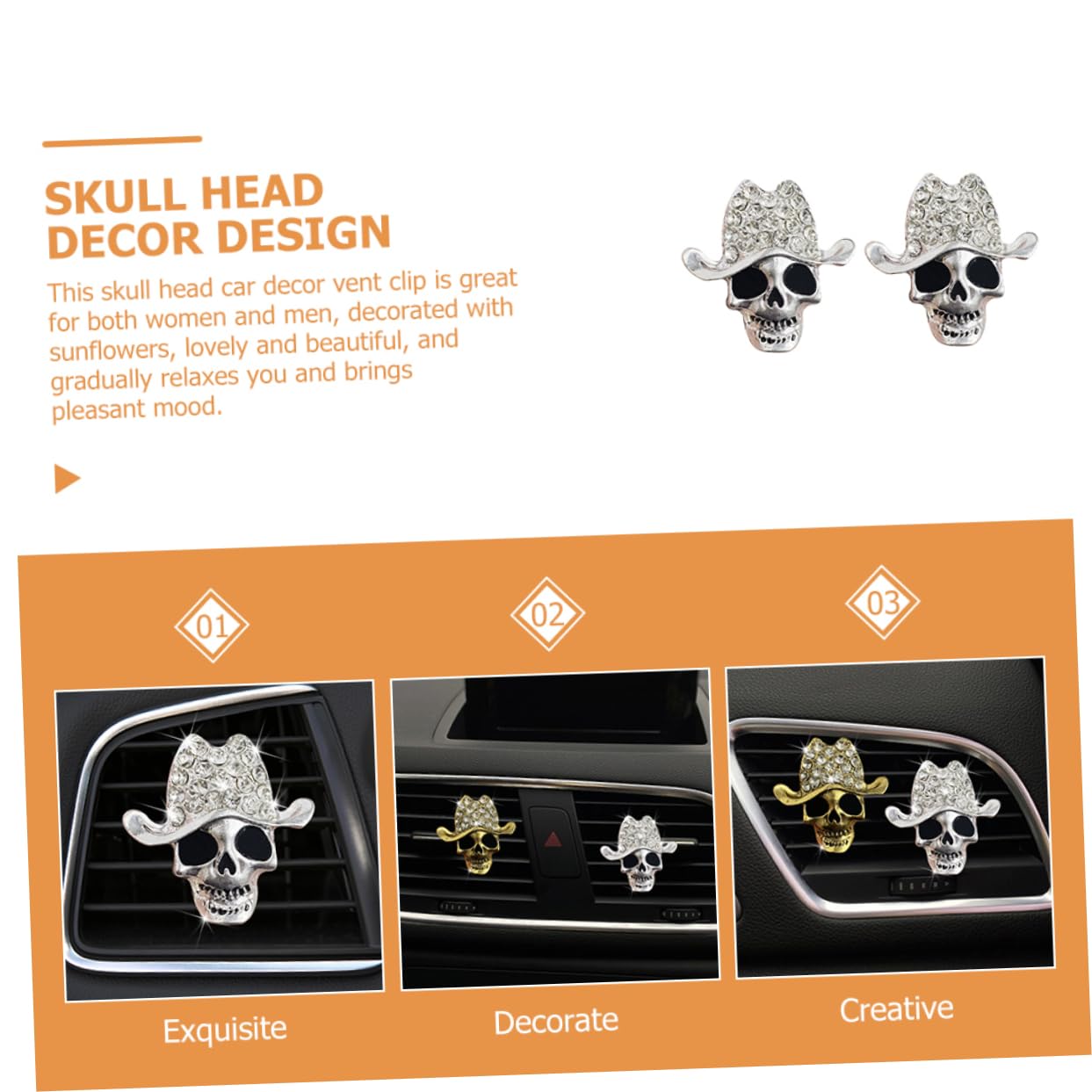 ULTECHNOVO 8pezzi Decorazione Per Auto Con Clip Per Ventilazione Diffusore Di Aromi Forma Di Teschio Inossidabile Per Interni Auto Accessori Di Halloween Eleganti e Unici