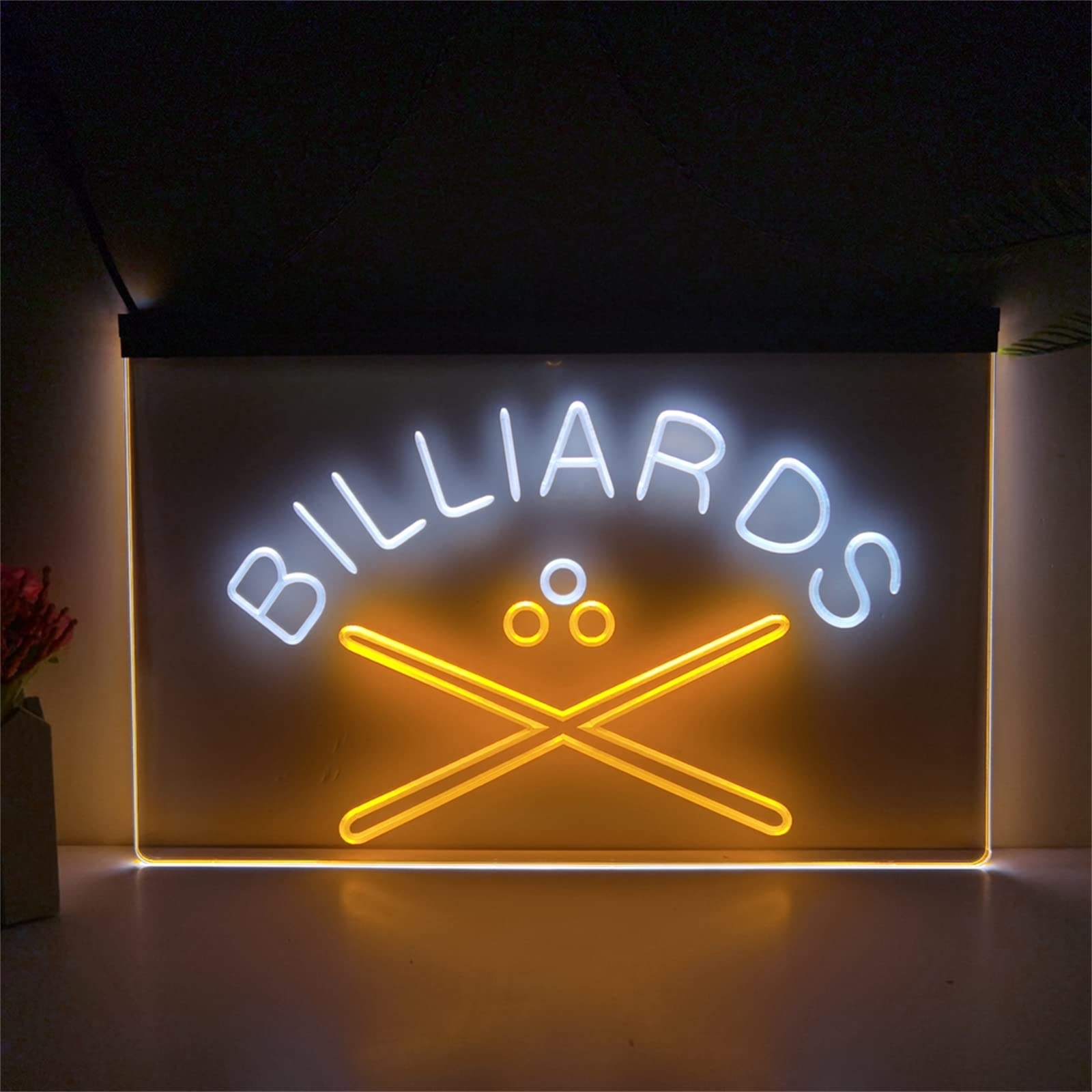 Señal de neón LED para taco de billar, luces de neón grabadas en 3D de doble color USB personalizadas con atenuador, para barra de billar cerveza colgante regulable decorativa,White orange,40x30cm