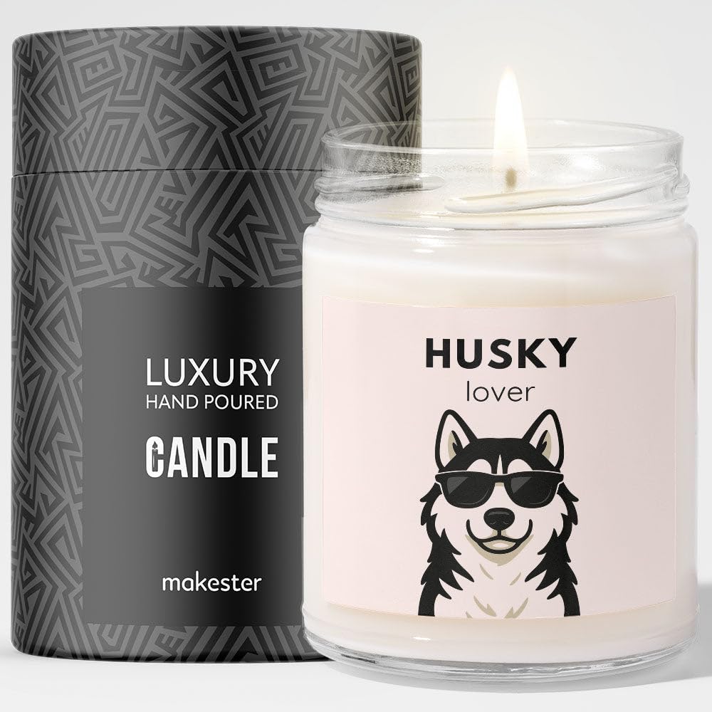 Husky Gifts - Luxury Soy Wax Candle - Vanilla, Jasmine, Sugared Almond - Dogs in Shades - Makester