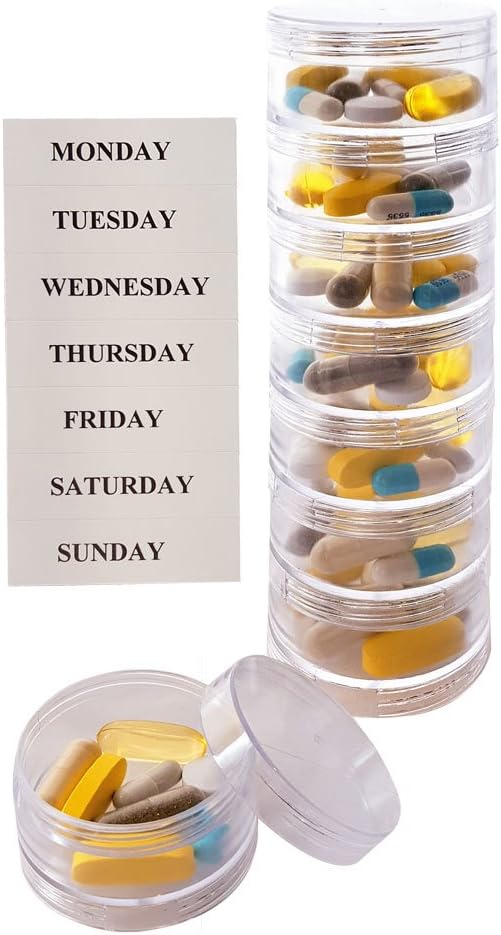 Stackable 7 Day Clear Pill Organizer with 2 Lids and a Set of Labels (Medium with Extra Container)
