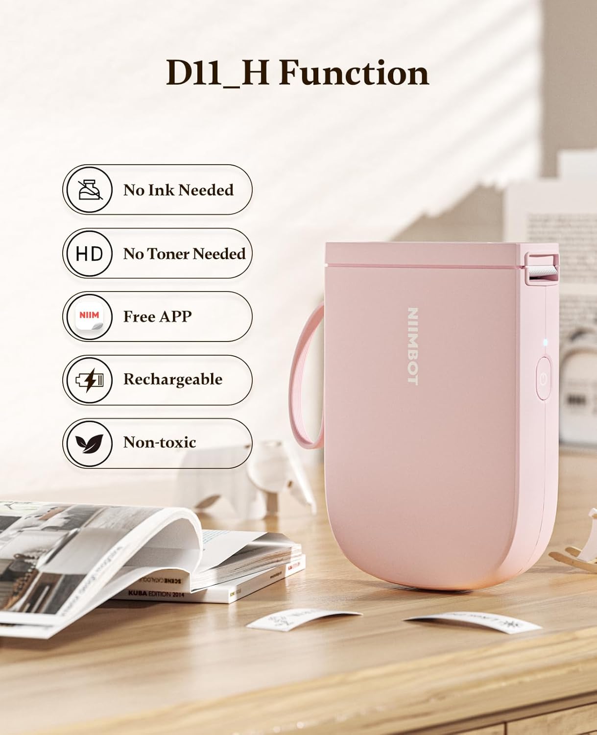 NIIMBOT 300 DPI D11 Label Maker Machine with 1 Tape, Mini Portable Label Printer, Bluetooth Thermal Label Printer Sticker Labeler for Office Home Kitchen School Organization, Pink