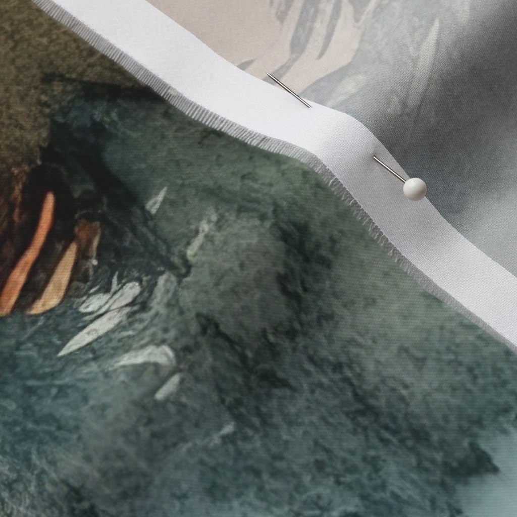 Spoonflower Fabric - Watercolor Mountain Green Orange Woodland Pine Forest Adventure Printed on Organic Cotton Sateen Fabric by The Yard - Sewing Quilting Apparel Home Decor