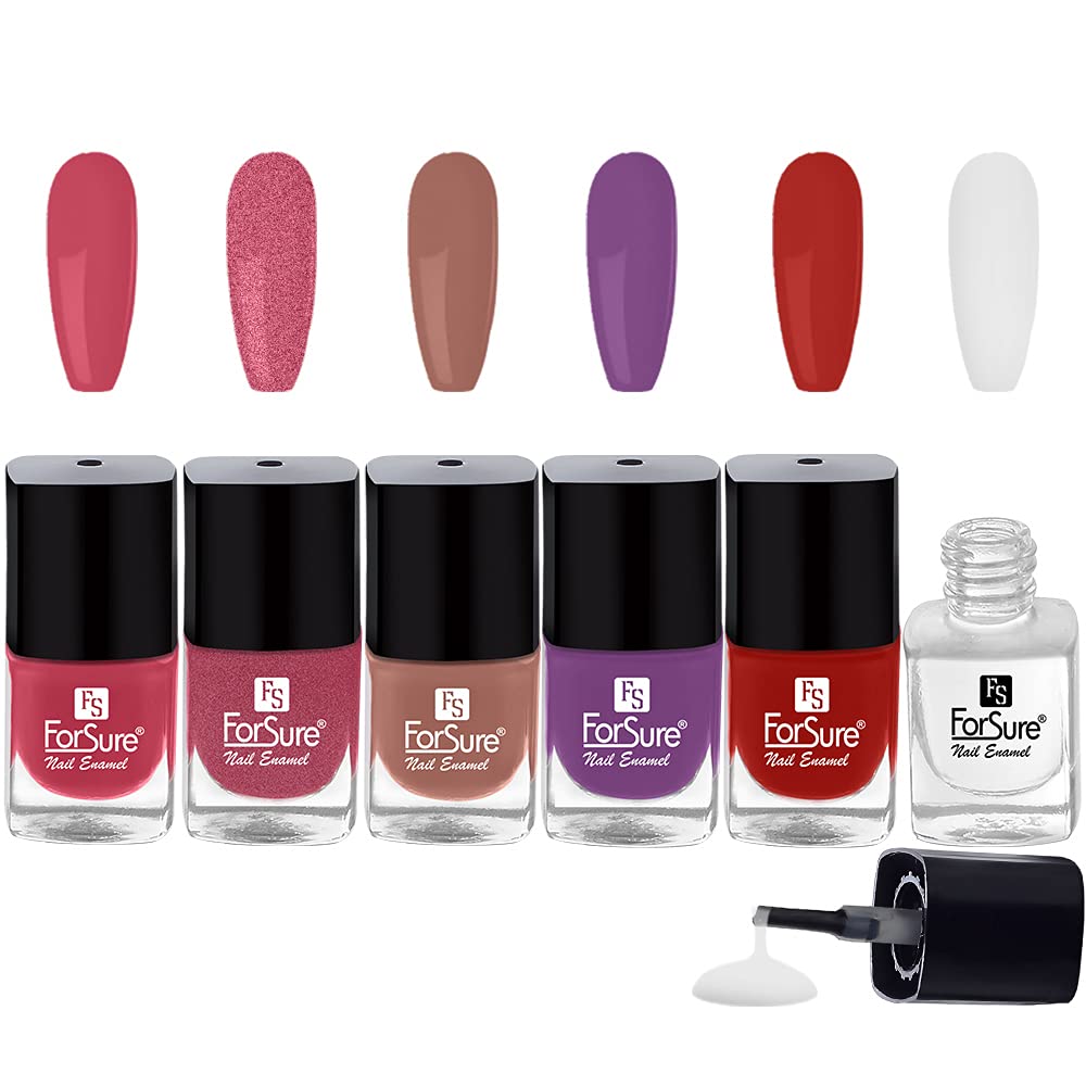 ForSure® Trendy Long Lasting Premium Gel Nail Polish Quick Dry Combo of 6 (Light Pink, Shiny Pink, Nude,Purple, Deep Red,Transparent, Pack of 6)