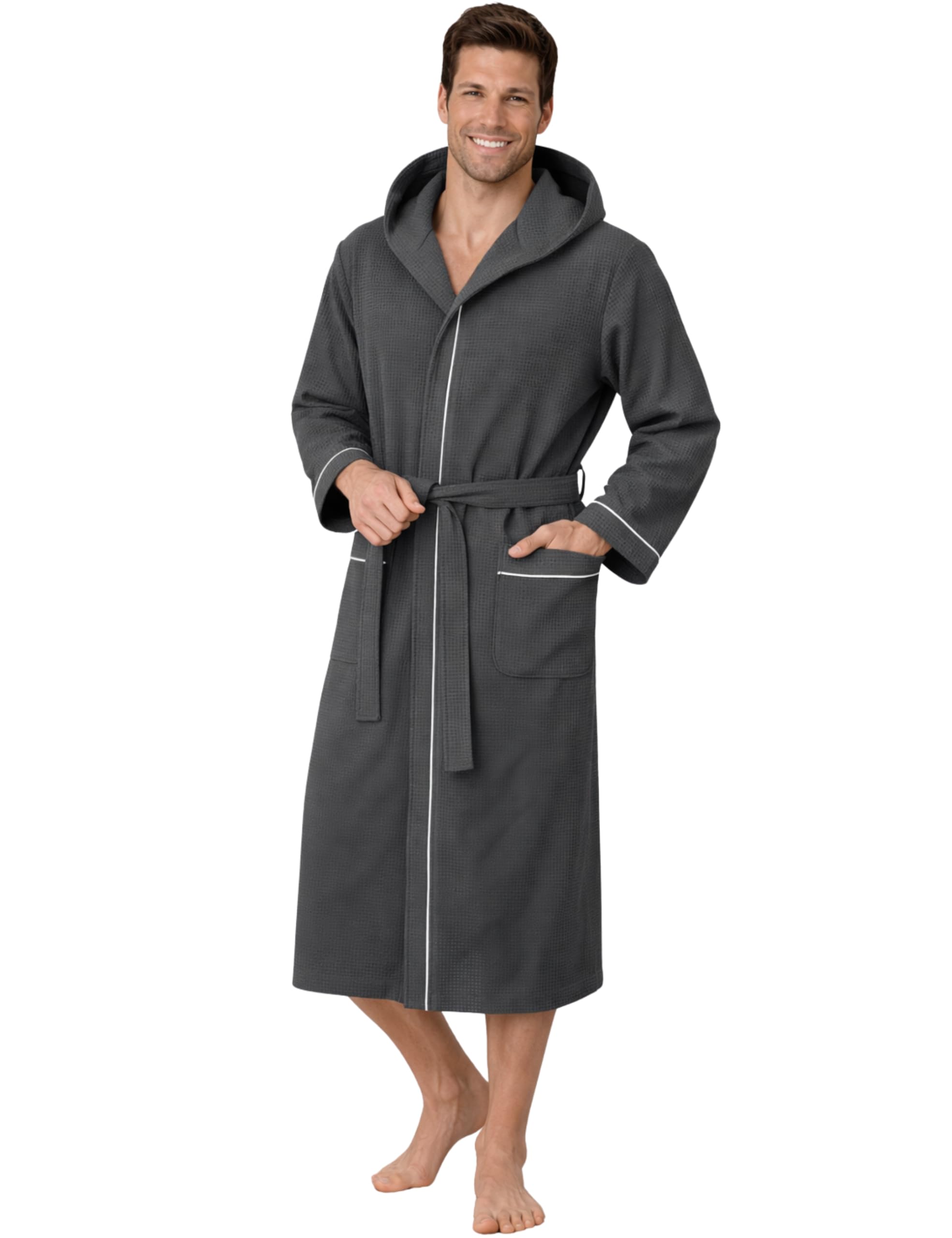 Morgenstern Men's Grey Bathrobe Waffle With Hood, Cotton, Lightweight L,