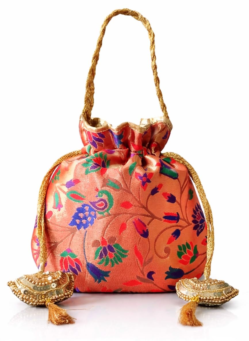 Women's Banarasi Silk Brocade Potli Bag - Peach Rose Gold-image-33