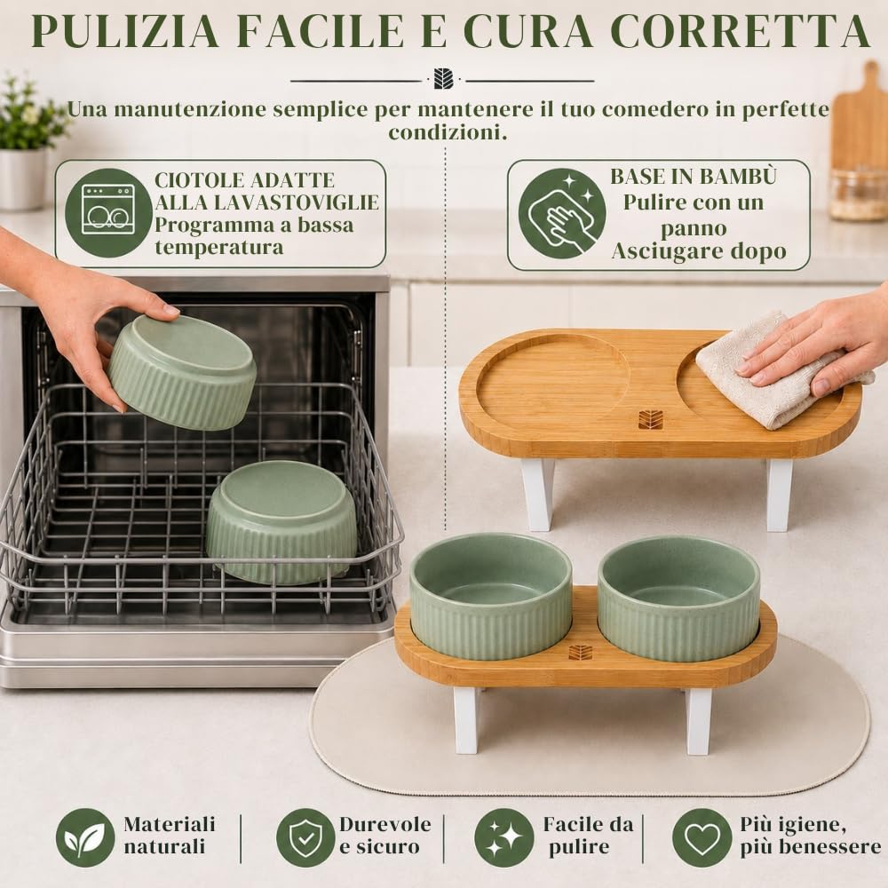 BELMIN Ciotole per Cani Rialzate – Porta Ciotole per Cani Rialzato con Ciotola Cane in Ceramica – 2 Altezze Regolabili – Base in Bambù Naturale – Tappetino Antiscivolo – Ideale anche Ciotola per Gatti