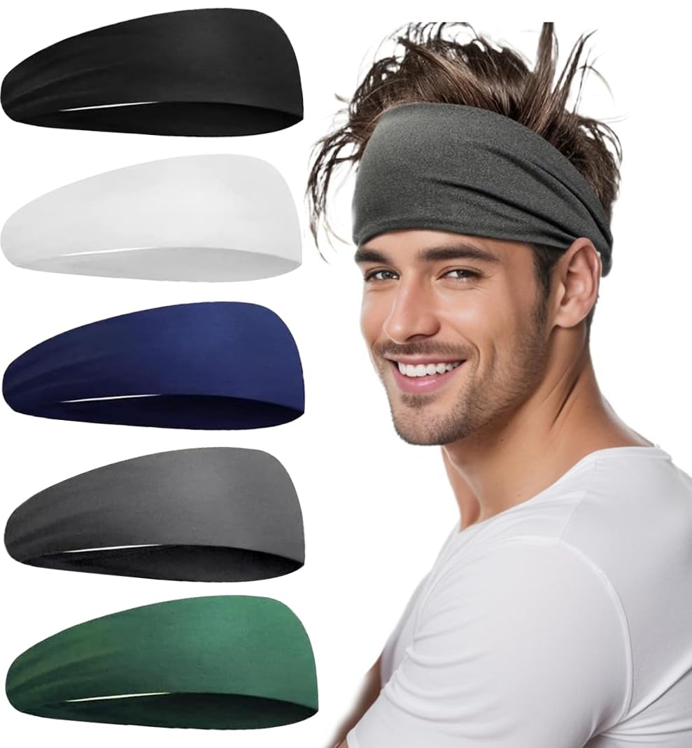 T Tersely Headbands, Yoga Sports Headband, Non-Slip & Lightweight Mens Sweat Band, Womens Elastic Athletic Hair Band for Men,Working Out Sweatband– One Size 5 Pack-Black/Gray/White/Dark Green/Navy Blue