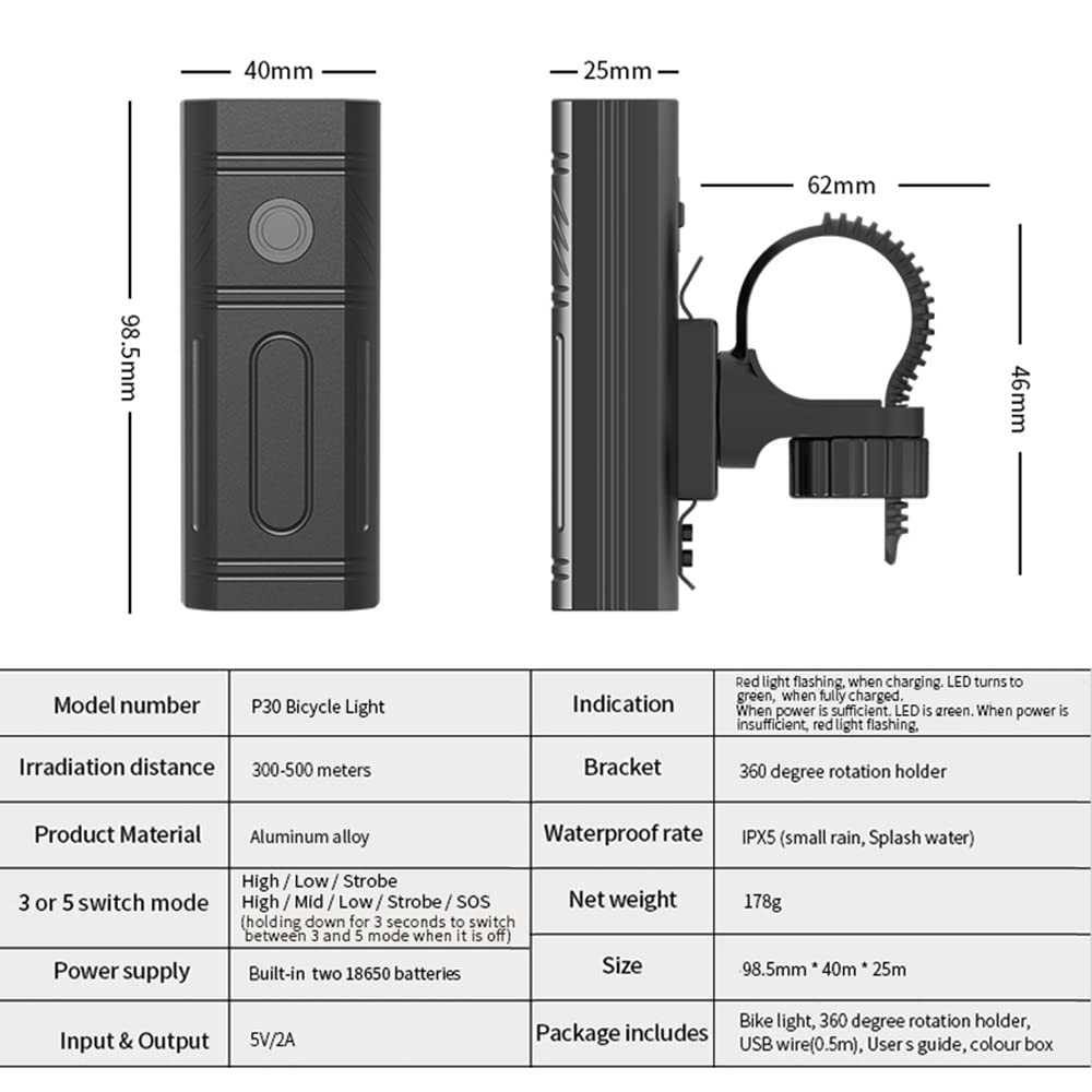 Kit d'éclairage vélo à 3 LED, Phare Avant, Lampe Torche étanche Rechargeable USB, Faisant également Office de Batterie Externe.