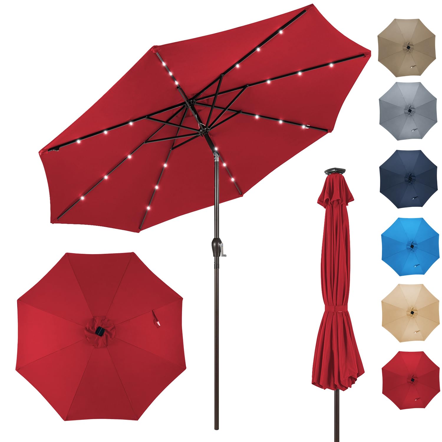 RELAX4LIFE Parasol Inclinable LED Dia.3M avec Éclairage Solaire, 8 Baleines, Inclinaison Réglables Parasol de Jardin Extérieur pour Balcon Terrasse Patio Café Bistro (Φ300x250cm,Rouge)