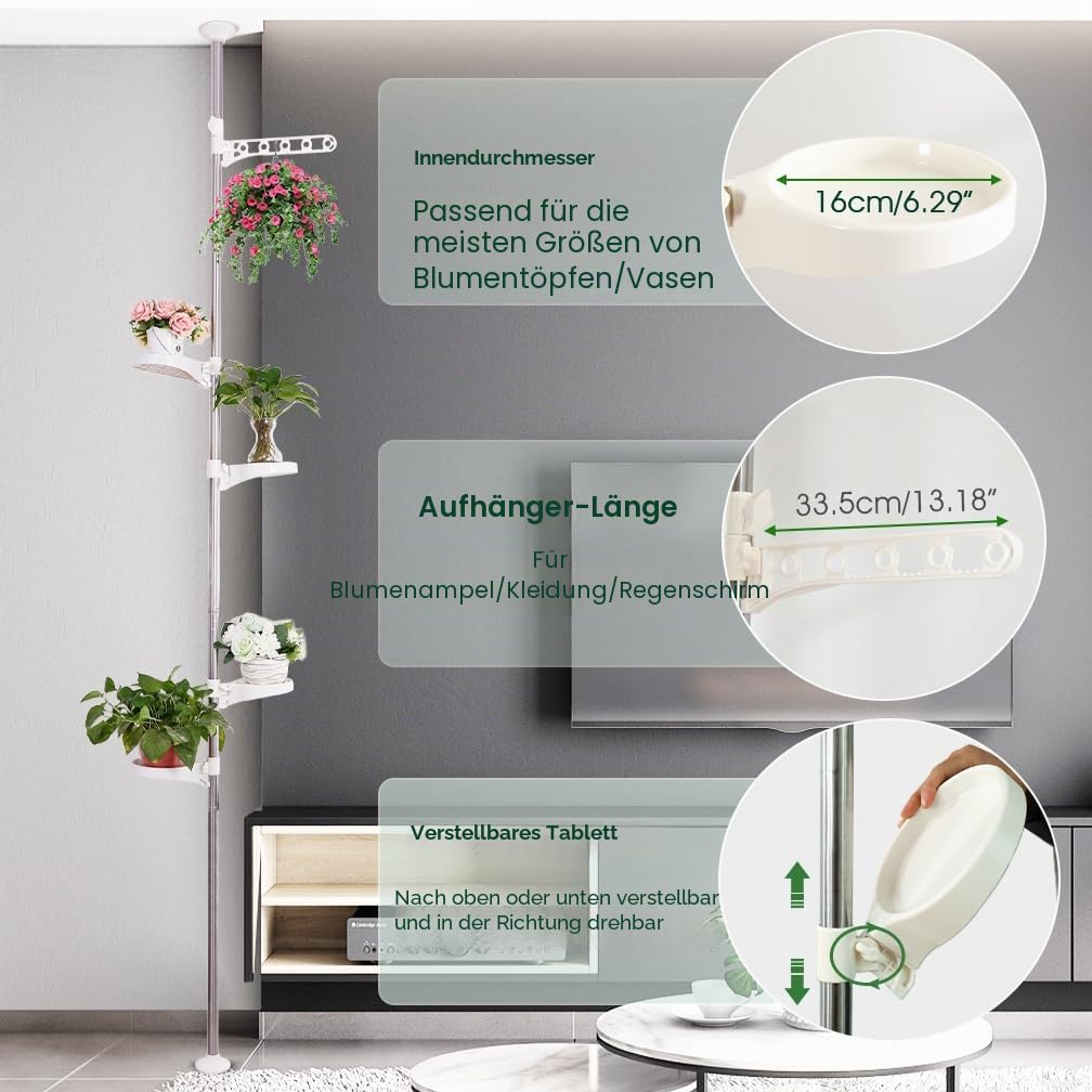 Hershii 5 ebenen Teleskop Blumenregal Höhenverstellbarer Pflanzenständer Halter Blumentopf Ständer Pflanzenregal Hängender Pflanzerkorb für den Innenbereich, Balkon Metall