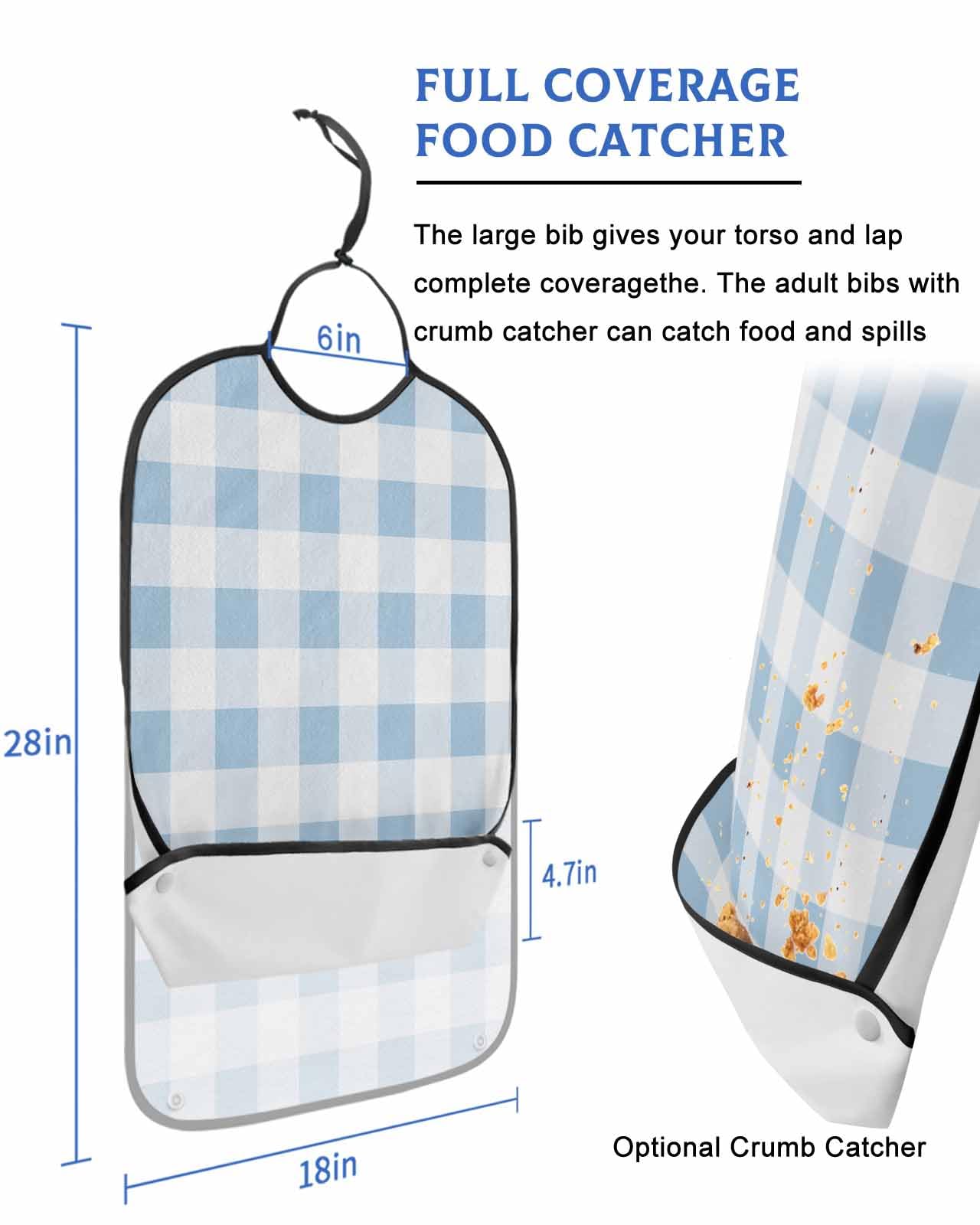 LEOKOTI Blue Checkered Adult Bibs for Eating, Waterproof Bibs with Food Catcher & Adjustable Snap Closure, Blue White Buffalo Plaid Washable Clothing Protectors Adult Bibs for Elderly Women/Men