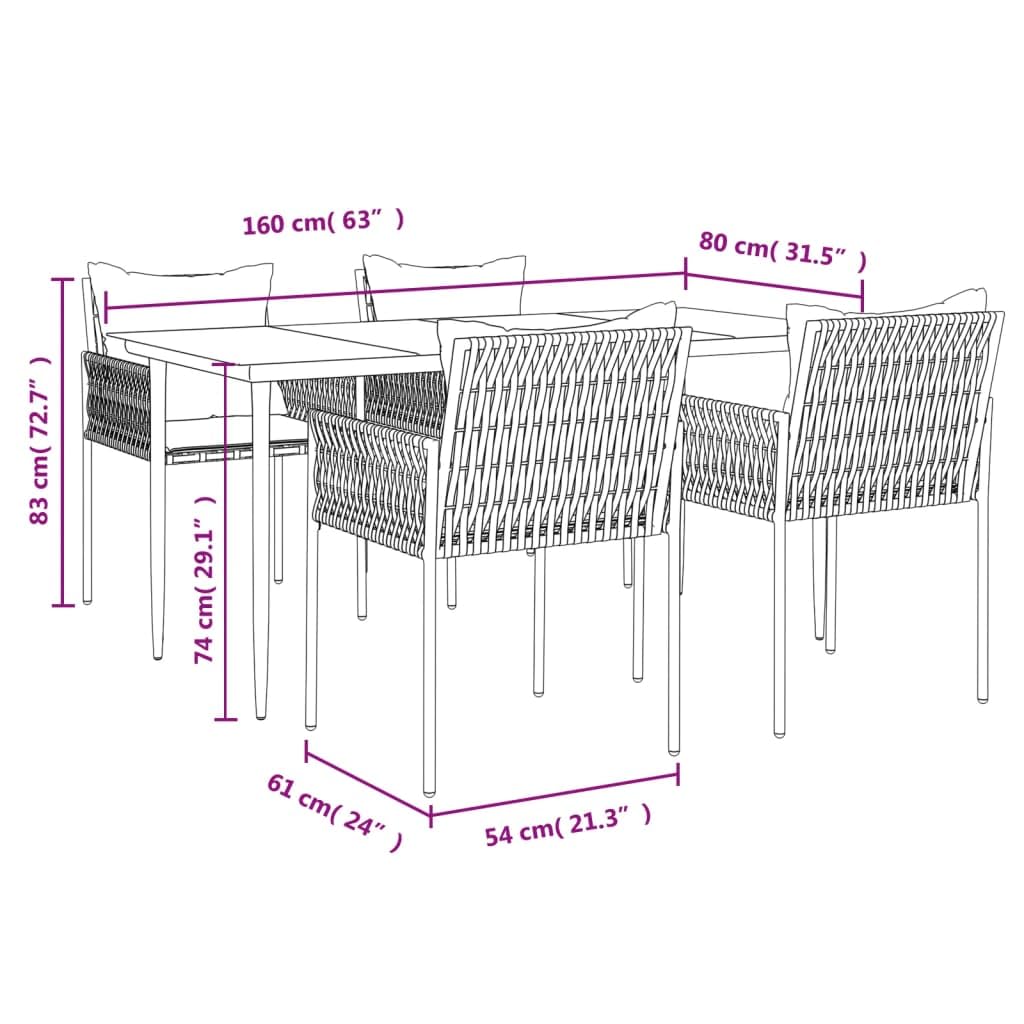 Gecheer Conjunto Mesa y Sillas Jardin de Ratán y Acero Juego Comedor jardín 5 Piezas Negro Muebles Jardin Exterior con Cojines,Mesa y Sillas Terraza Balcón Longitud Mesa 160 cm