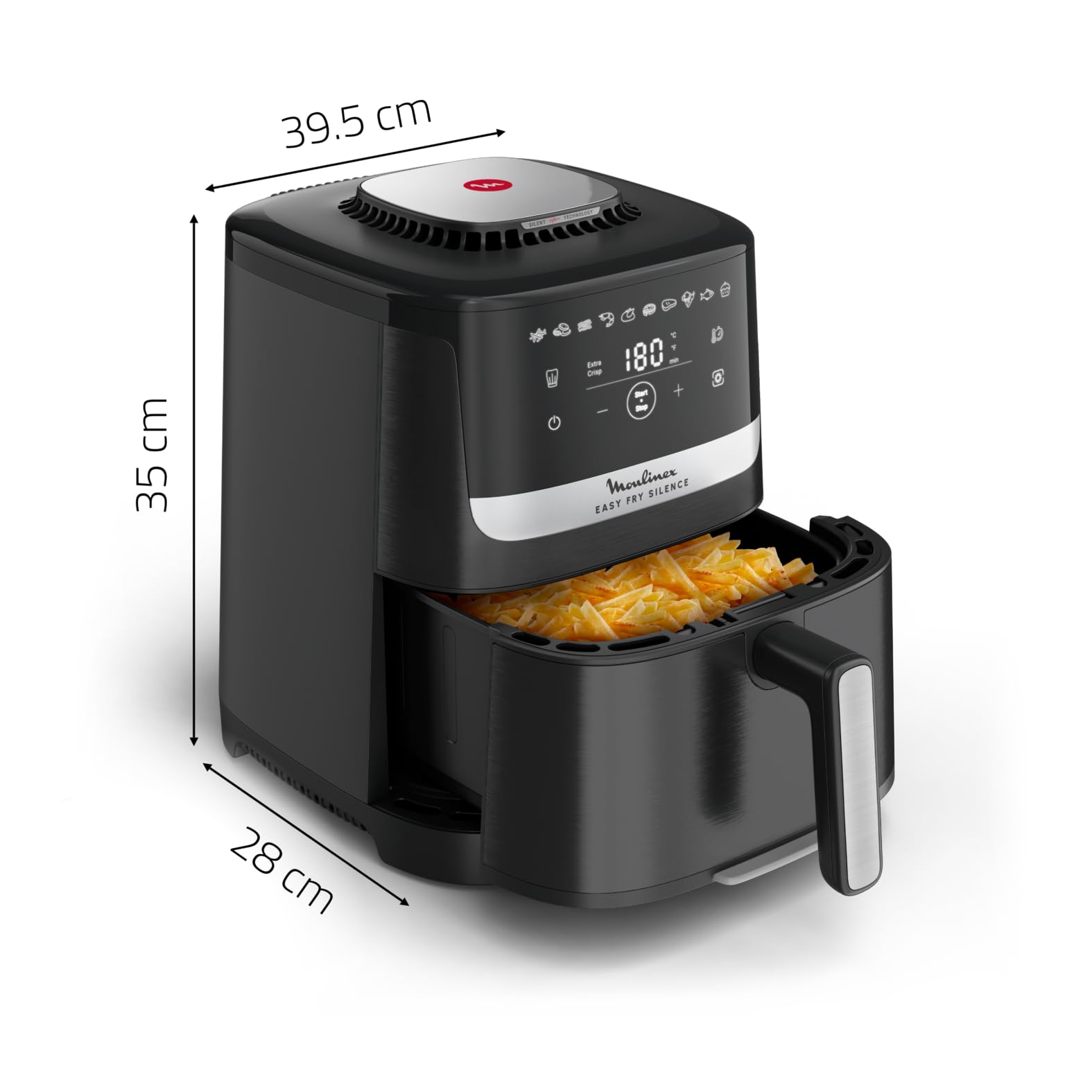 Moulinex Easy Fry Silence, Friggitrice ad Aria Silenziosa 5L/1.5kg per 6 Persone, 1670W, Sistema Easy Clean & Store, 10 Programmi, Touchscreen, Cestello Lavabile in Lavastoviglie, Nera, EZ5528