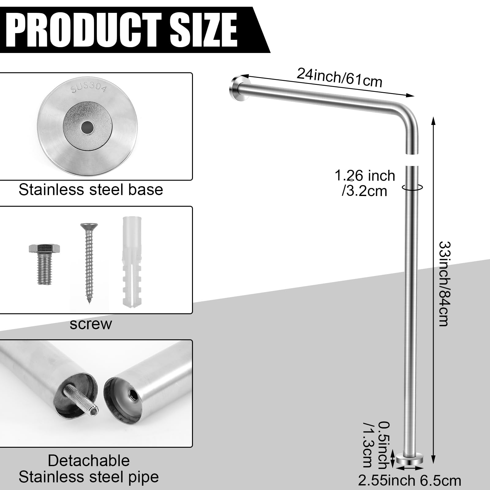 Zonon Maniglia di sicurezza da parete a pavimento, 61 x 83,8 cm, fontanelle in acciaio inox spazzolato, antiscivolo, design diviso, per bagno aree umide, disabili, anziani, donne incinte