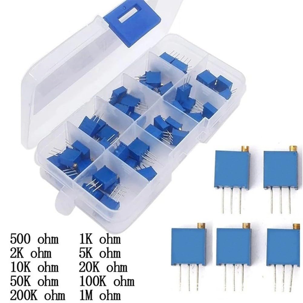 FACAIIO 50pcs 3296W Multiturn Potentiomètre Kit 10 Valeurs Assorties 500°-1M° Résistance Variable, Bleu Trim Pot Set Electronique DIY et Réparation